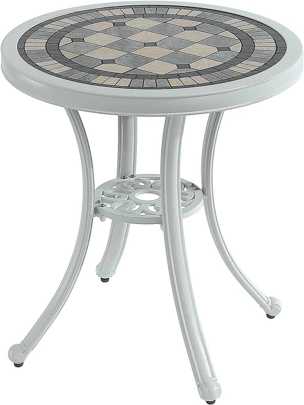 Clihome Round Outdoor Side Table Cast Aluminum Patio Dining Table with Ceramic Desktop Bistro Table for Balcony, Porch, Backyard, Garden(White) A