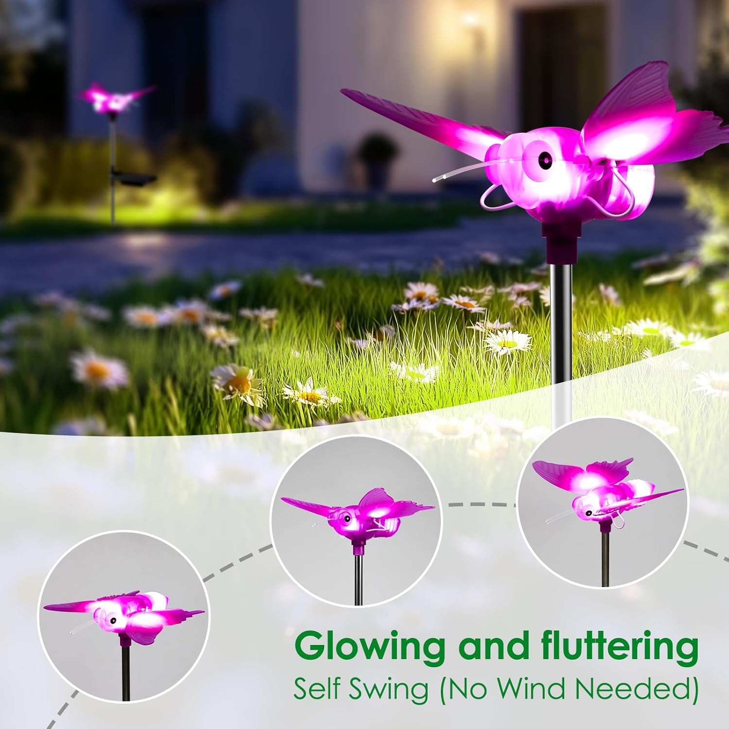 Outdoor Solar Lights for Yard, Self Swing Purple Solar Butterfly Lights, 1800mAh Waterproof Garden Lights Auto On/Off for Garden Yard Path Walkway Driveway Patio Decor, Warm White.（4 Pack