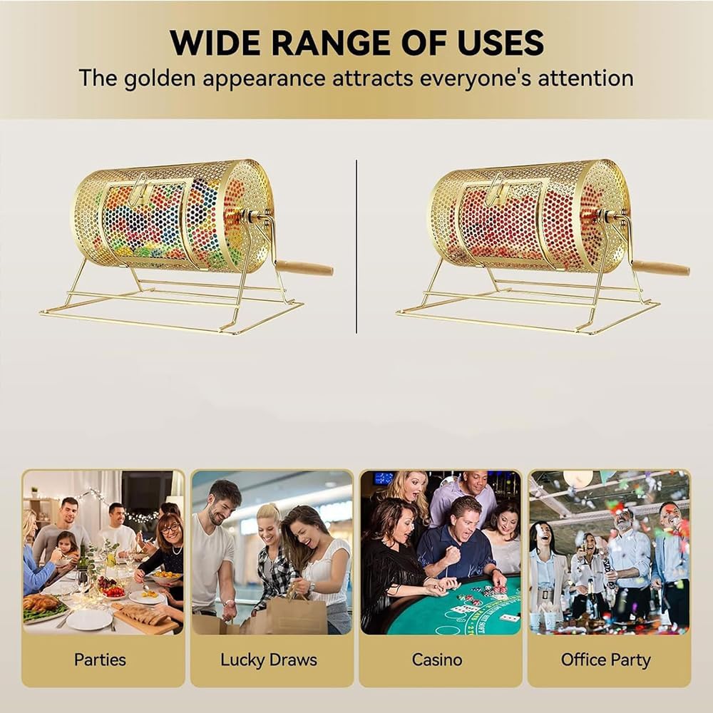 Brass Raffle Ticket Spinning Drum Raffle Drum Manual Lottery Machine with Wooden Turning Handle, for Promotional Activities