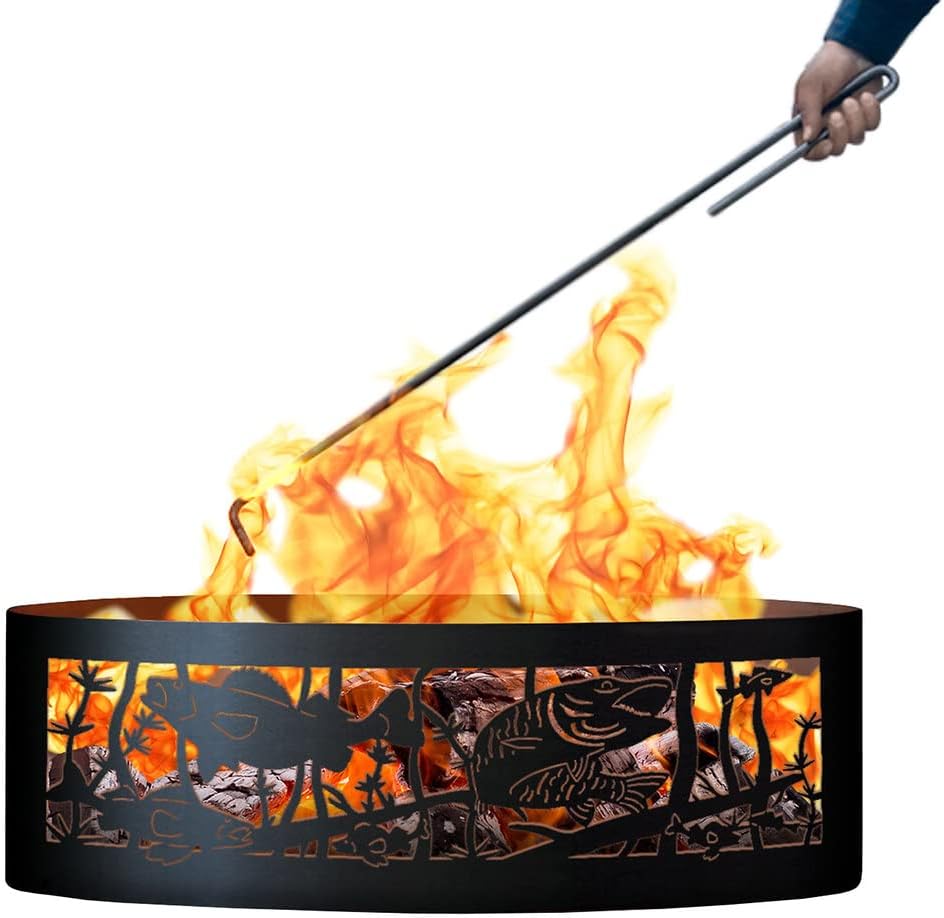 PD Metals FH01237-FP Fishing Hole Unpainted 12 in. Tall 37 in. Diameter Outdoor Fire Ring with Fire Poker - 37 x 37 x 12 in. - Rustic Black Color
