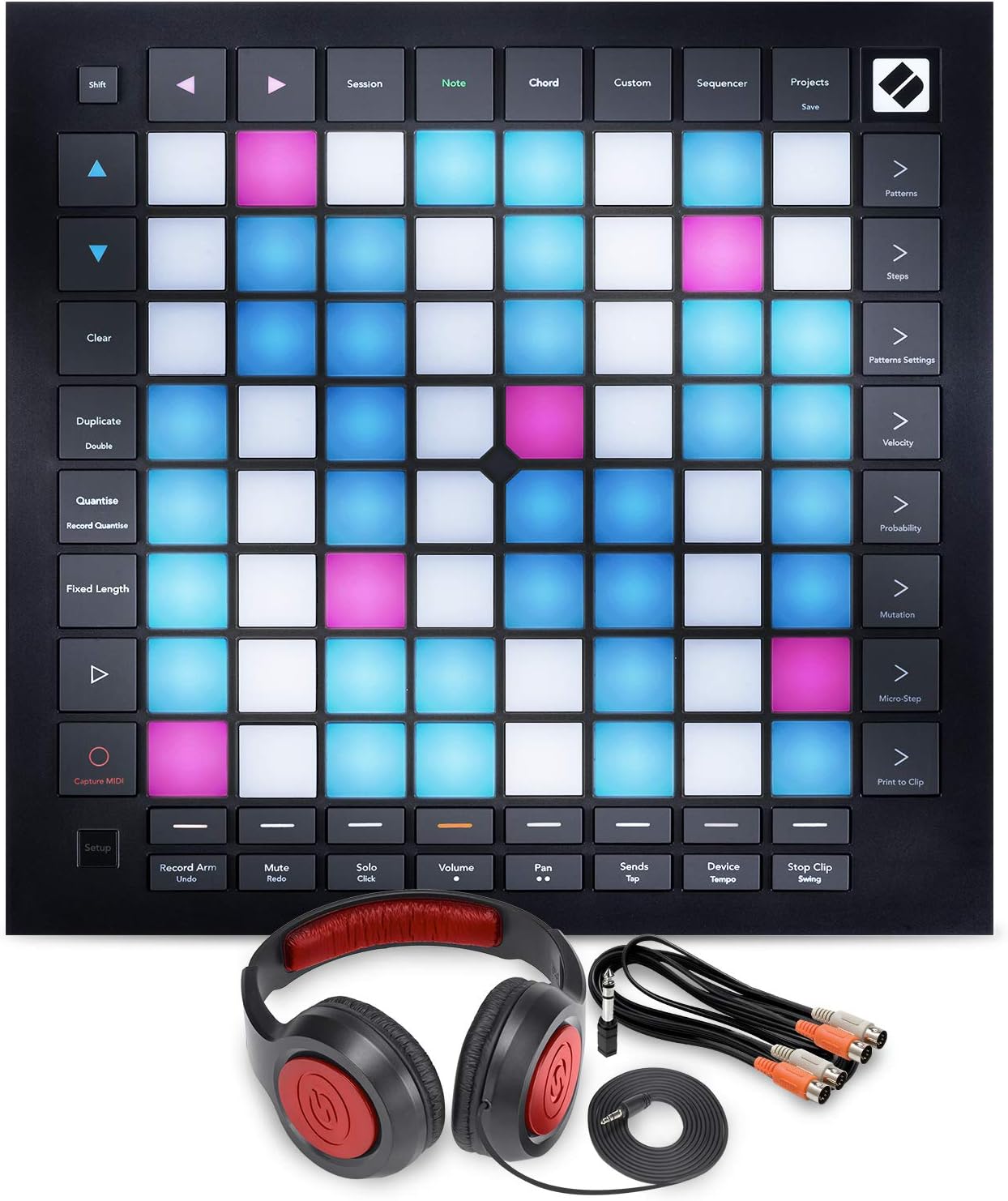 Novation Launchpad Pro MK3 MIDI Controller - Production & Performance Grid Instrument / Ableton Live 8x8 Grid 64 Backlit Pads w/ Basic Bundle - Samson SR360 Pro Studio Headphones and Xpix Midi Cable