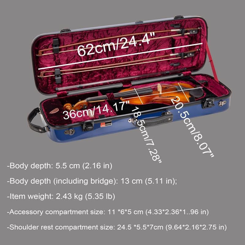 Crossrock Fiberglass Oblong Case fits 4/4 Full-Size Violin, Includes TSA lock, Protective Blanket, Hygrometer, Accessory Compartments-Black (CRF2020VBK-R)