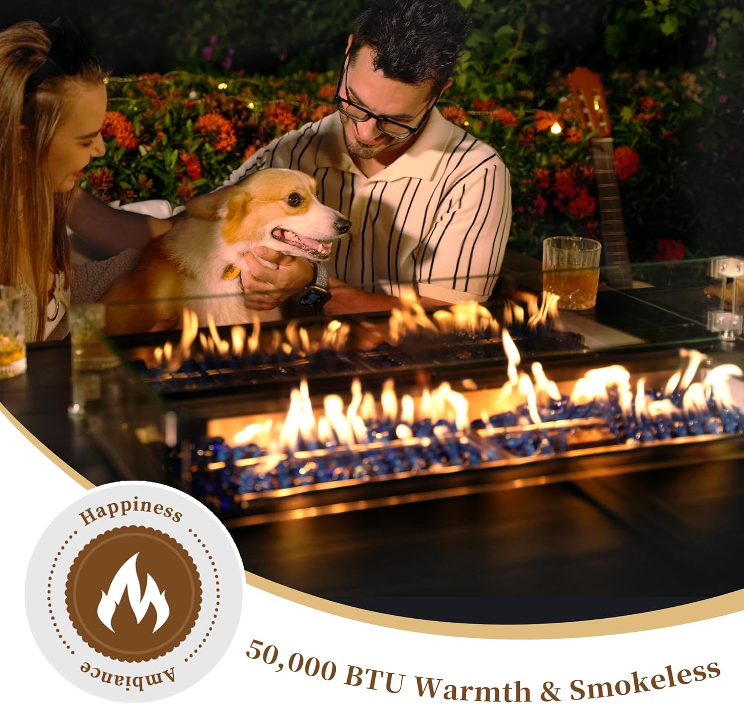 PIZZELLO 60 Inch Propane Firepit Table - Outdoor Rectangular Aluminum Fire Table w/Wind Guard - 50,000 BTU Gas Fire Pit with Glass Beads and Waterproof Cover