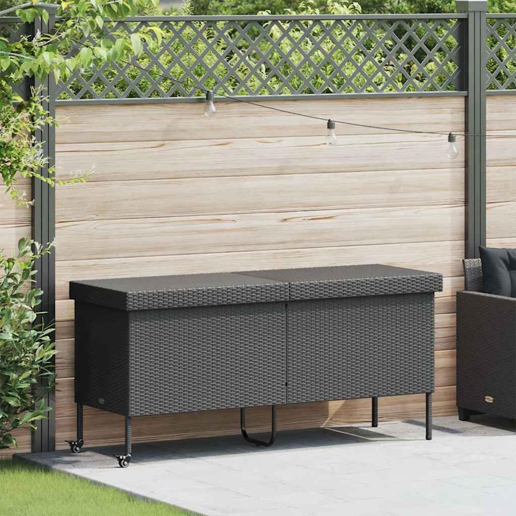 Large Garden Storage Box Black PE Rattan, Powder-Coated Steel, 63x21.7x29.5 Inches, Weather-Resistant Outdoor Deck Box with Wheels for Patio Organization