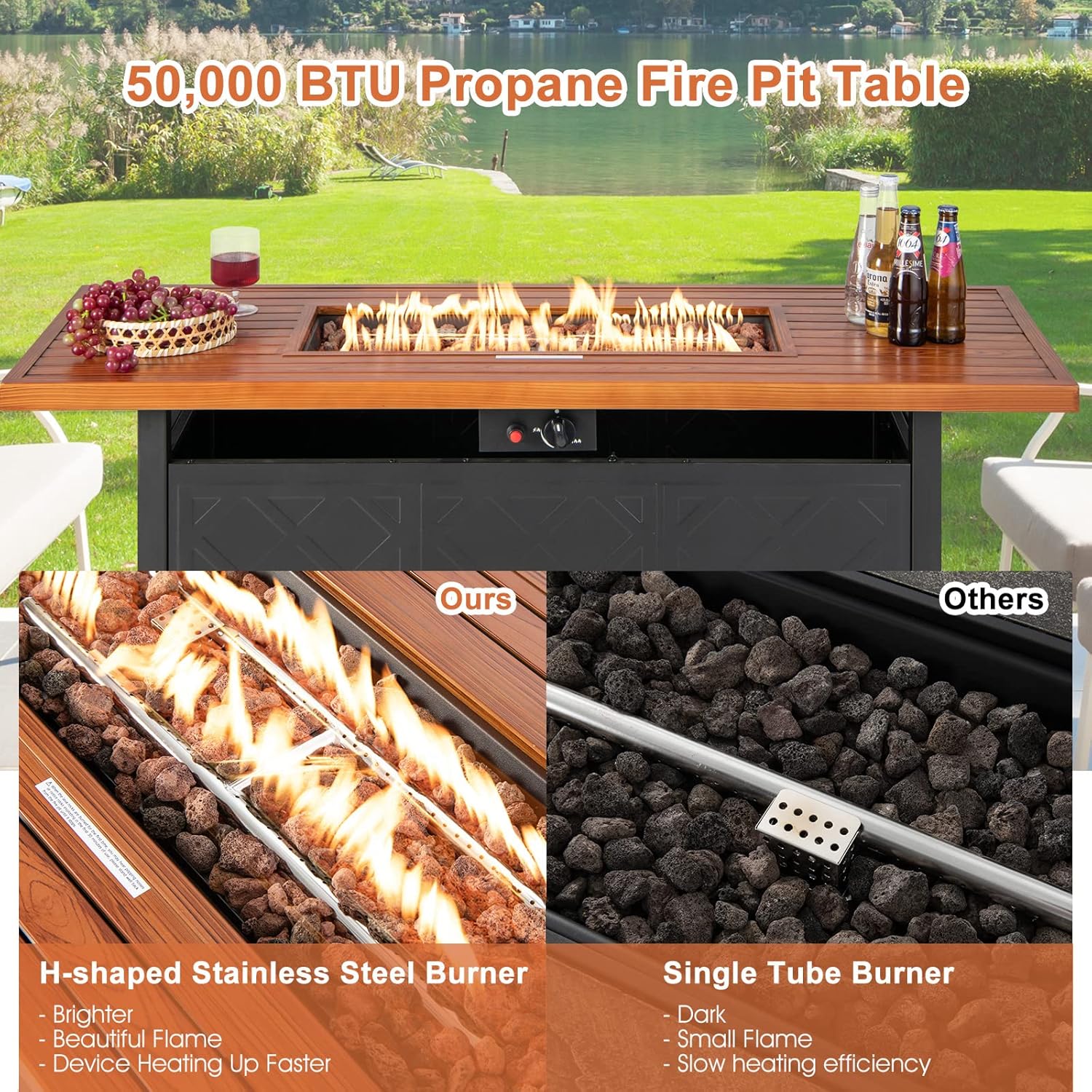 ORALNER Propane Fire Pit Table, 57” Rectangular Outdoor Fire Table 50,000 BTU Fire Pit w/Lid & Lava Rocks Auto Ignition Metal Patio Fireplace, Gas Firepit Table for Outside Yard Balcony Deck, Brown