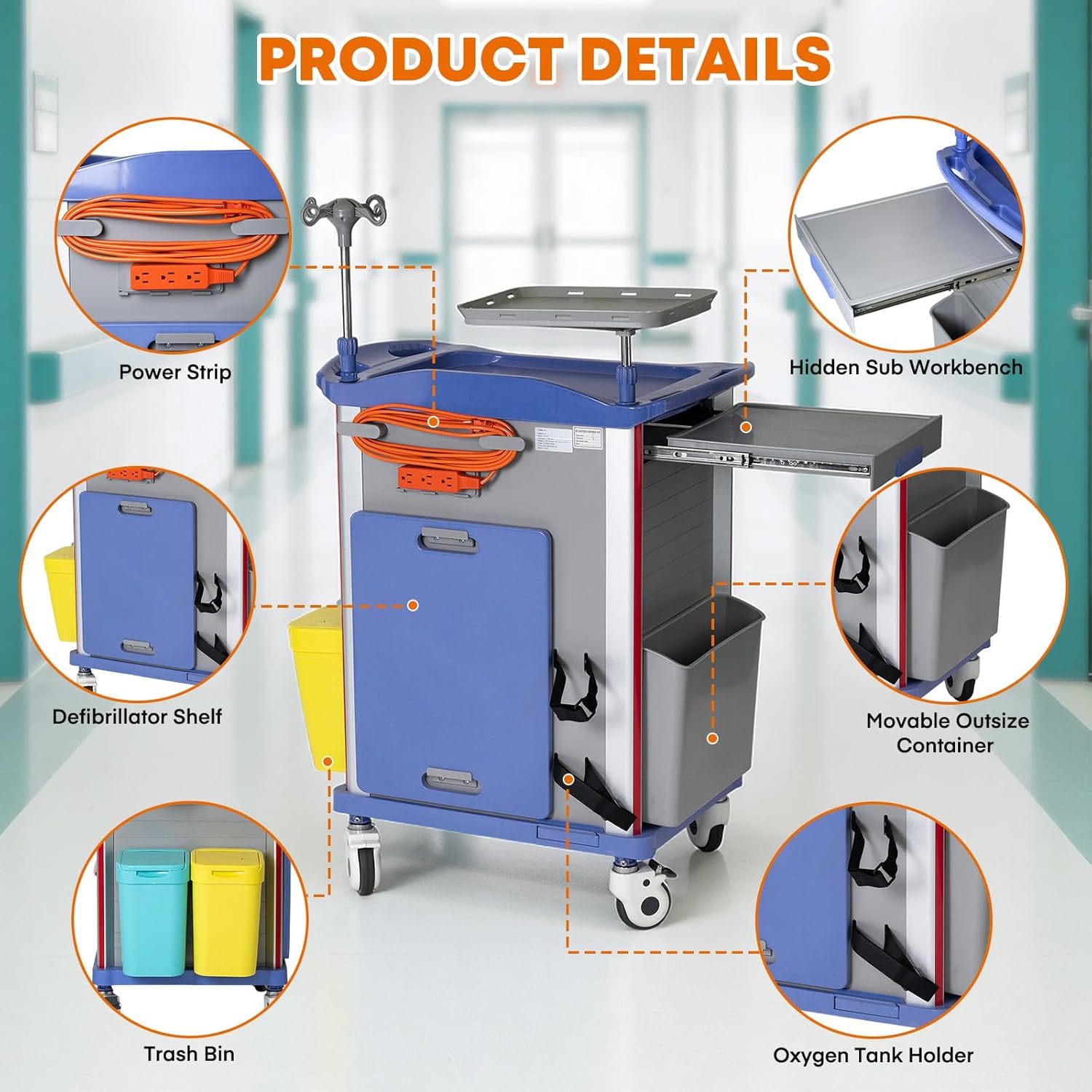 Medical Crash Cart with Emergency Accessory - Cardiac Board, IV Pole, O2 Holder, Power Strip, Trash Bin, Drawers with Dividers, Lite Emergency Hospital Crash Cart for Hospitals and Clinics
