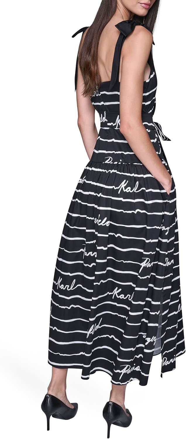 Karl Lagerfeld Women's Cotton Sateen Printed Belted Midi Dress with Bow Tie Straps