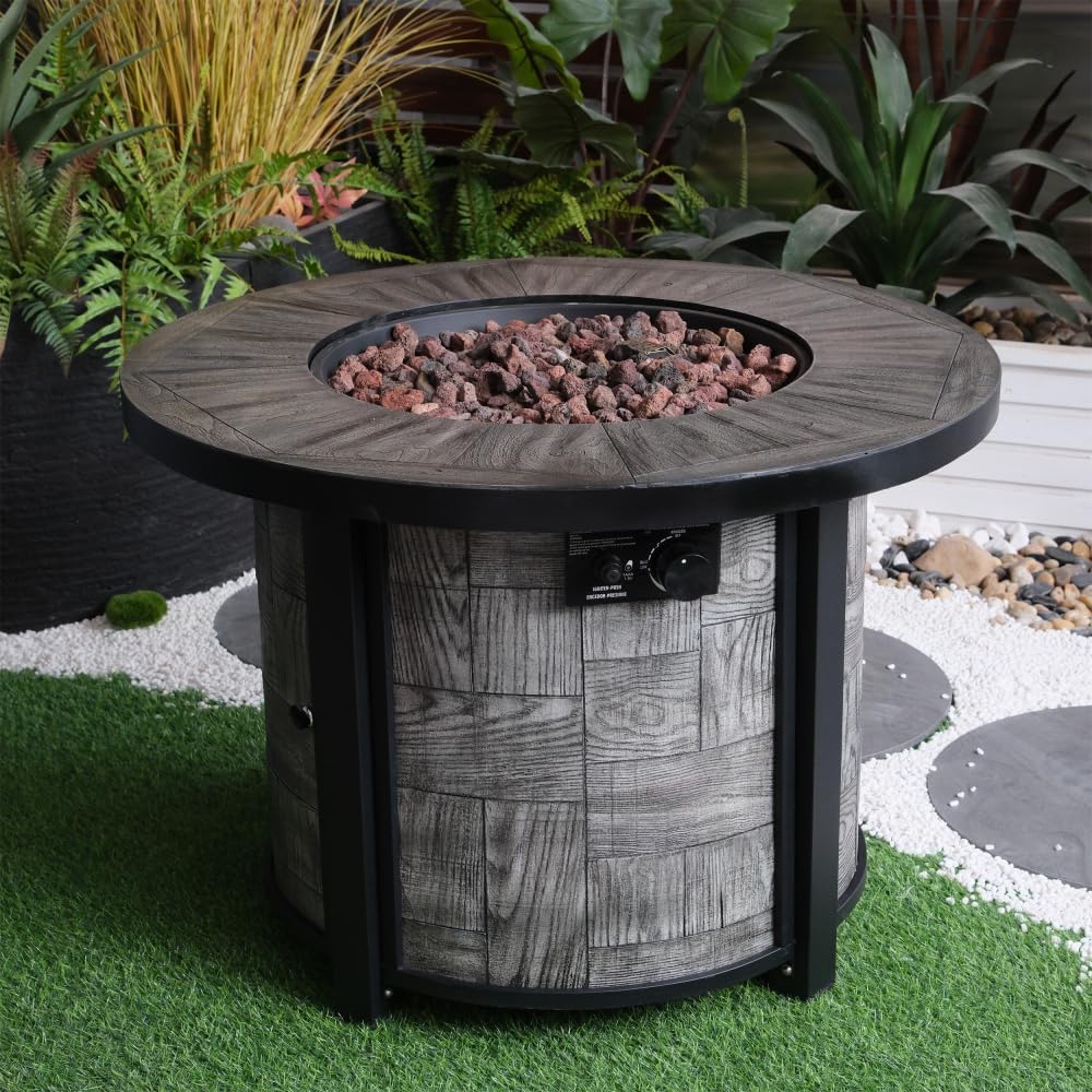 50,000 BTU Outdoor Square Propane Fire Pit Table, Concrete Outdoor Gas Fire Pit with Adjustable Flame, Lava Rocks & Waterproof Cover for Backyard, Garden, Poolside