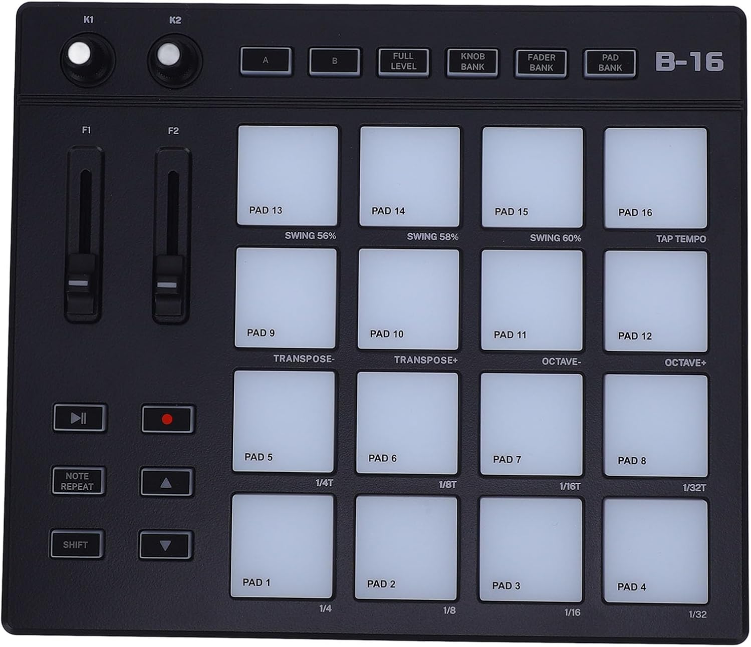 MIDI Pad Beat Maker Machine, Drum Machine with 16 Backlit Drum Pads, 2 Assignable Fader and 2 Adjustable Knobs, Portable RGB Drum Pad for Music Production