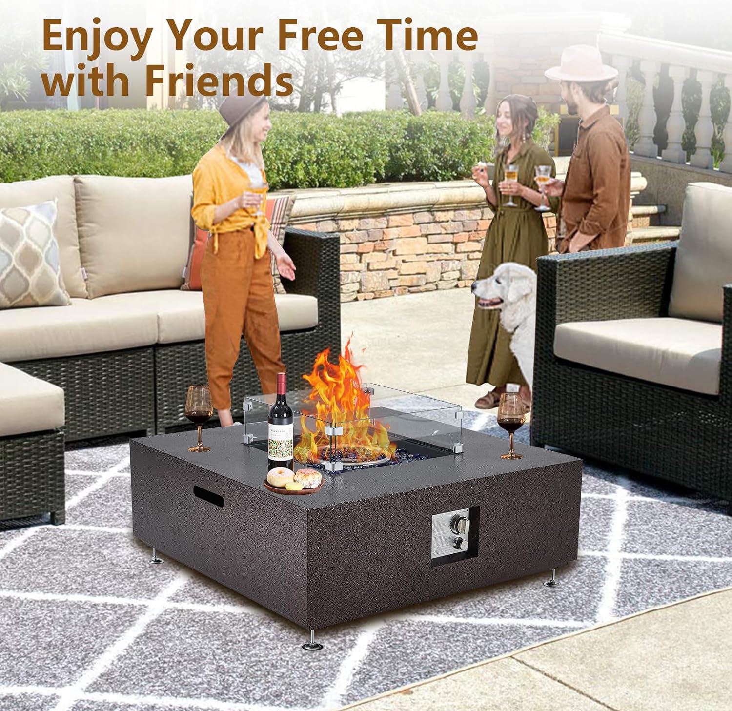 36 Inch Outdoor Propane Fire Pit Table, 50000BTU Steel Gas Firepit with Wind Guard, Add Warmth and Ambience to Parties On Outside Patio Deck Garden, CSA Safety Certified Glass Beads & Rain Cover