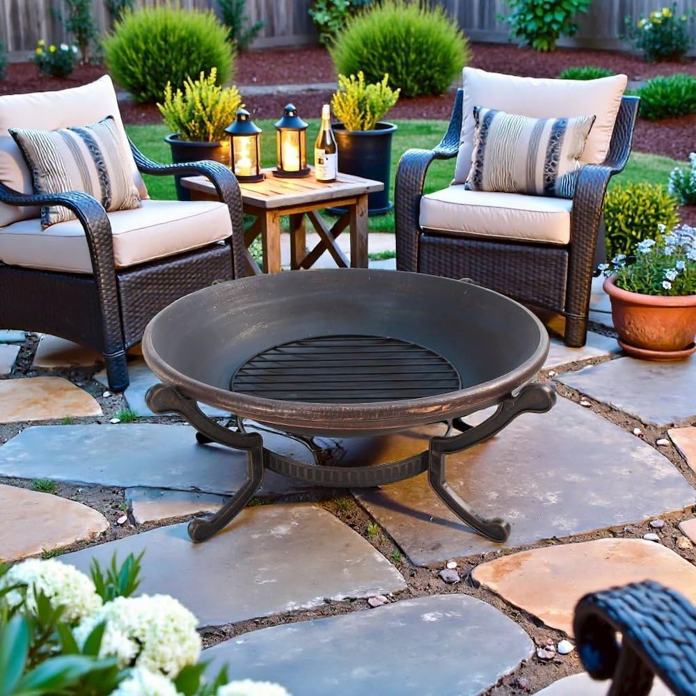 Wood Burning Fire Pit for Outside – Large Outdoor Firepit with Mesh Spark Screen Cover & Fire Poker – Powder-Coated Steel, Black