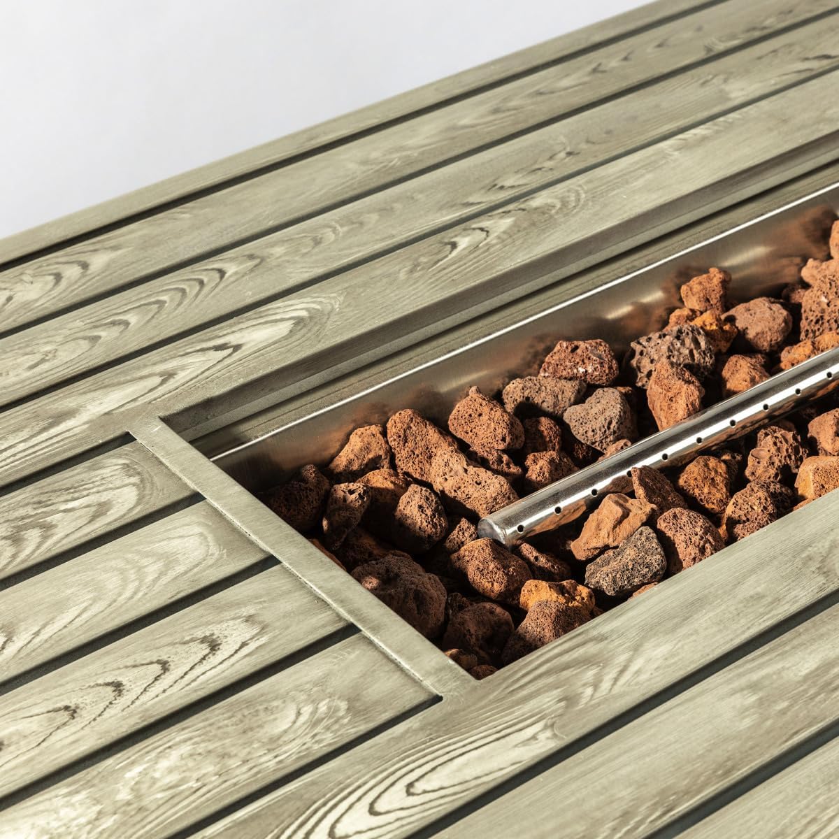 54-inch Rectangular Propane Fire Pit Table, 50,000 BTU Steel Outdoor Gas Fire Pit with Wood Grain Finish & Lava Rocks for Patio, Deck, Garden - Light Beige