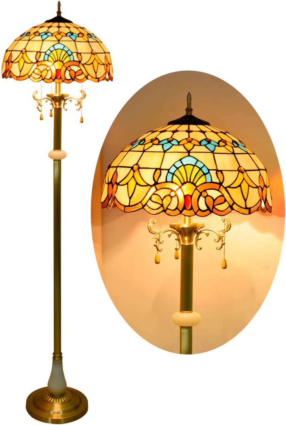 Tiffany-Style Baroque-Style Floor Lamp, 16 Inch Stained Glass Readlight, 63 Inch Tall Vintage All Copper Base Standlamp for Bedroom Office