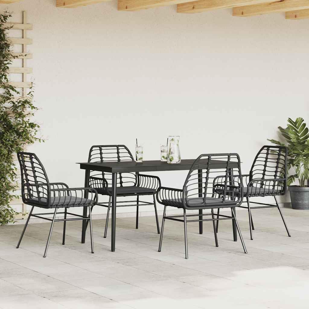 5-Piece Garden Dining Set, Black PE Rattan Outdoor Table and Chairs, Powder-Coated Steel Frame Patio Furniture Set with Cushions, Rectangular 55.1 x 27.6 Inch