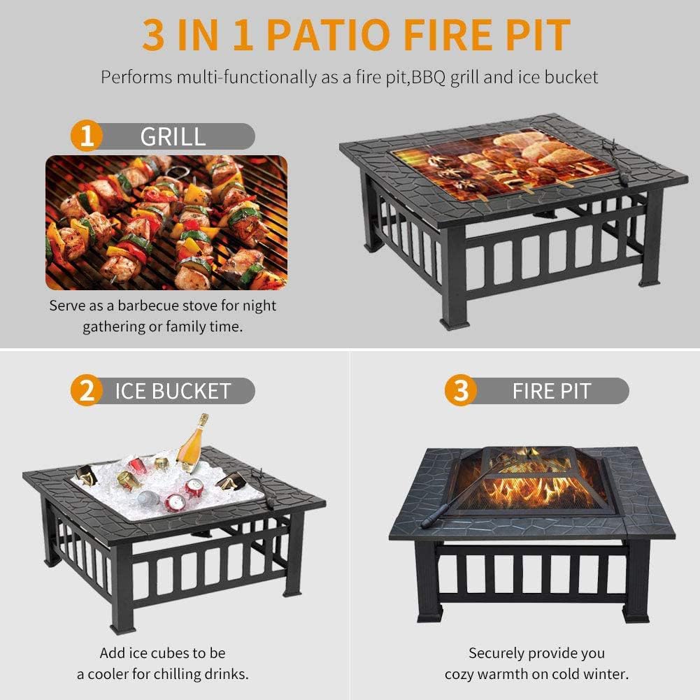 3-in-1 Outdoor Fire Pit with BBQ Grill and Ice Bucket, Square Metal Patio Heater with Decorative Base