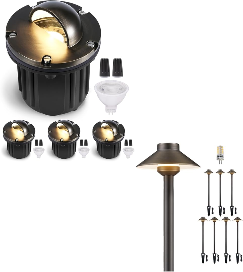 Gardenreet Low Voltage Landscape In Ground Light Bundle, 4-Pack Brass 12V Well Lights Wired, 8-Pack Brass LED Pathway Lights Outdoor, IP65 Waterproof with Bulb