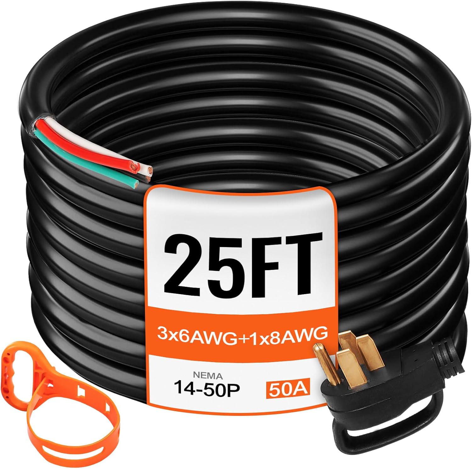 VEVOR 25 FT 50 Amp Generator Extension Cord 6 Gauge STW 6/3+8/1 RV Power Cord N14-50P to Bare Wire, Cut Wire for Trailer Motor Campers Home Generator