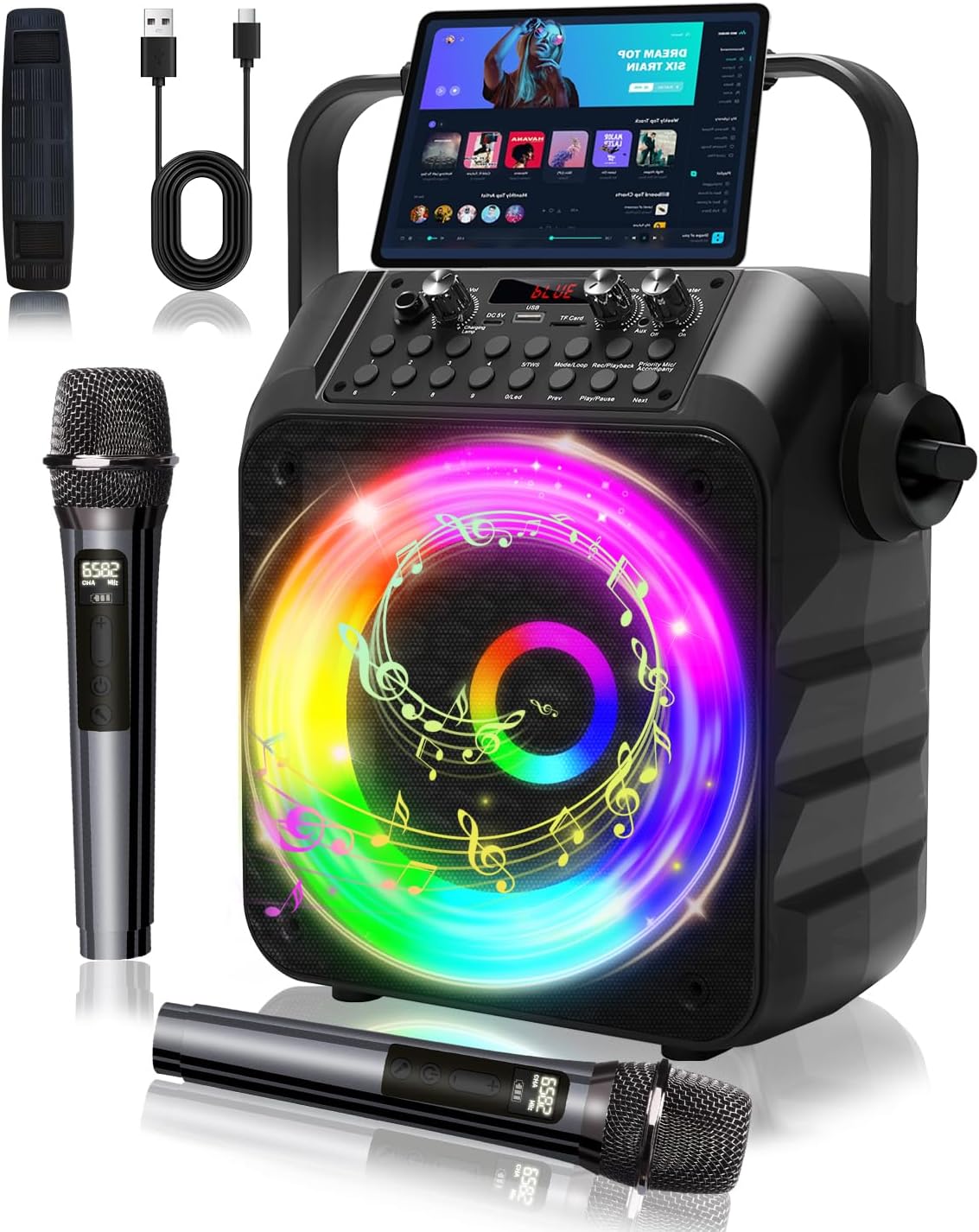 Karaoke Machine, Portable Karaoke System with 2 Wireless Rechargeable Microphones, 60W PA Speaker 6.5