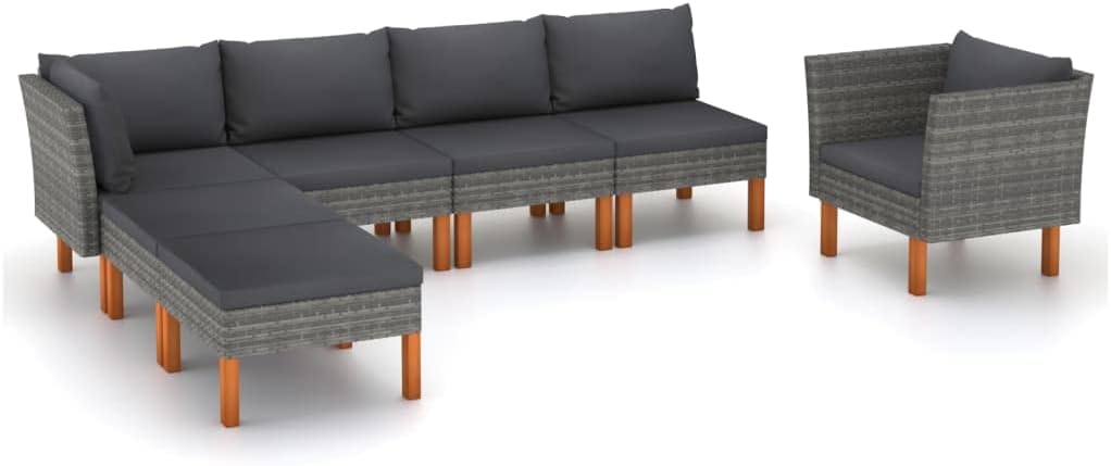 7 Piece Patio Lounge Set Poly Rattan and Eucalyptus Wood Gray,AllWeather Patio Lounge Set with Cushions for Relaxation and Entertainment Patio Furniture, Outdoor Furniture Sets