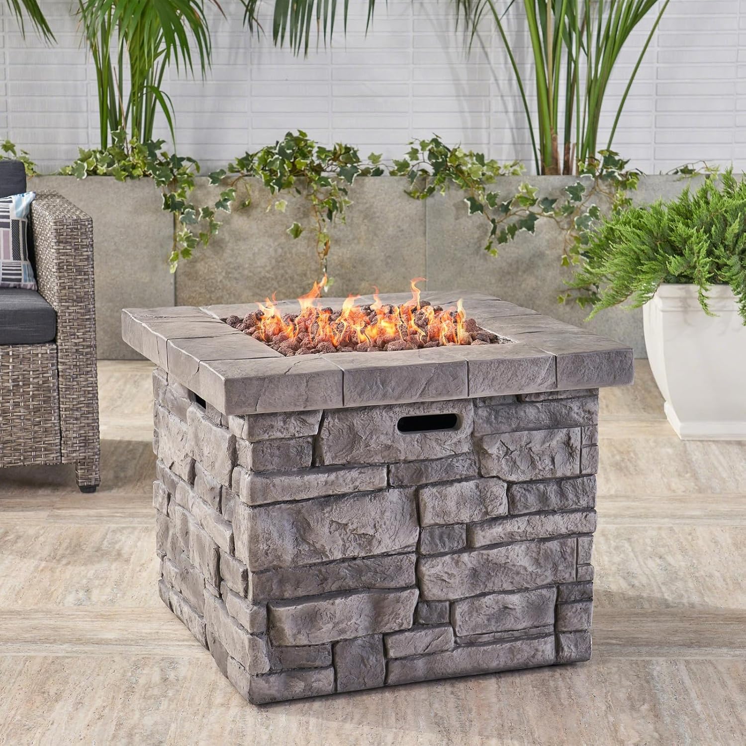 Penau 30 Inch Outdoor Square Propane Fire Pit - 40,000 BTU Grey, Durable MgO Construction, Hand Crafted Details, No Assembly Required