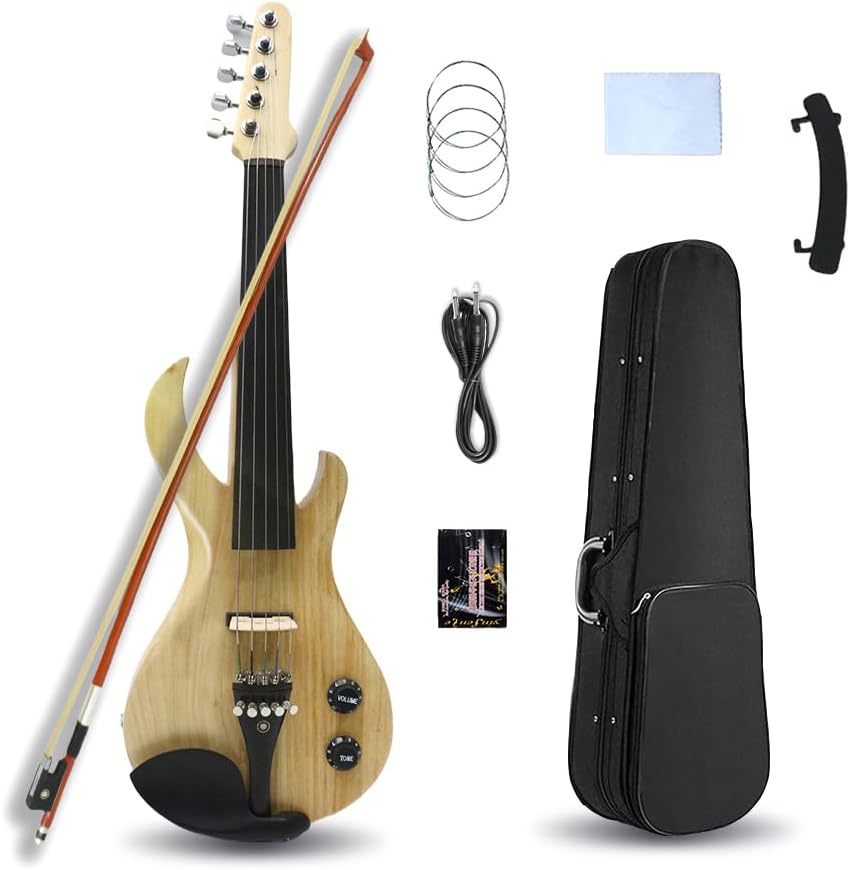 4/5/6 Strings Electric Violin Full Size 4/4, New Silent Electric Violin, Varnished Wood Color Electric Fiddle With Ebony Fittings, Beginner Kit For Adults Teens For Gifts (5 strings)