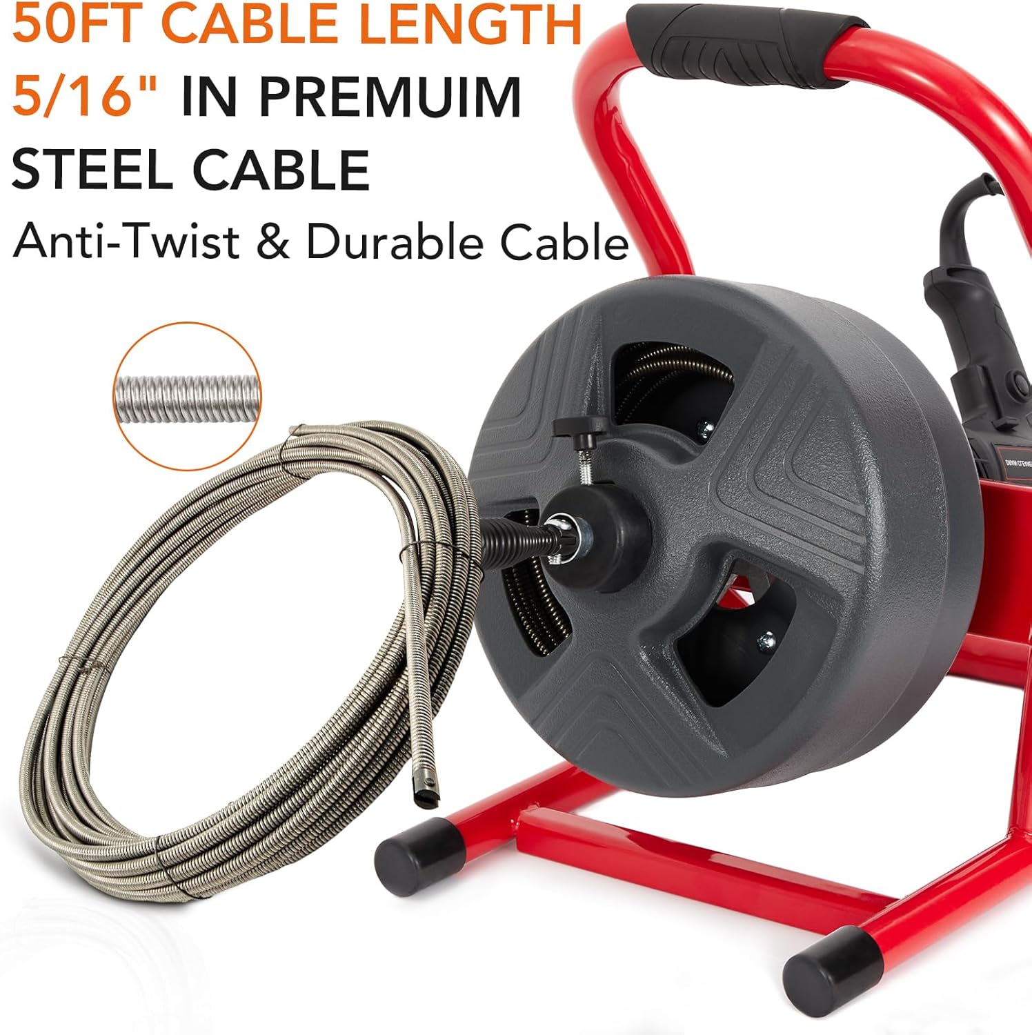 PIONEERWORKS 50Ft x 5/16 Inch Drain Cleaner Machine, Professional Electric Drain Auger for 3/4-3 Inch Pipes, Foot Switch with 6 Cutters, Gloves, Drain Auger Cleaner Sewer Snake - DA04