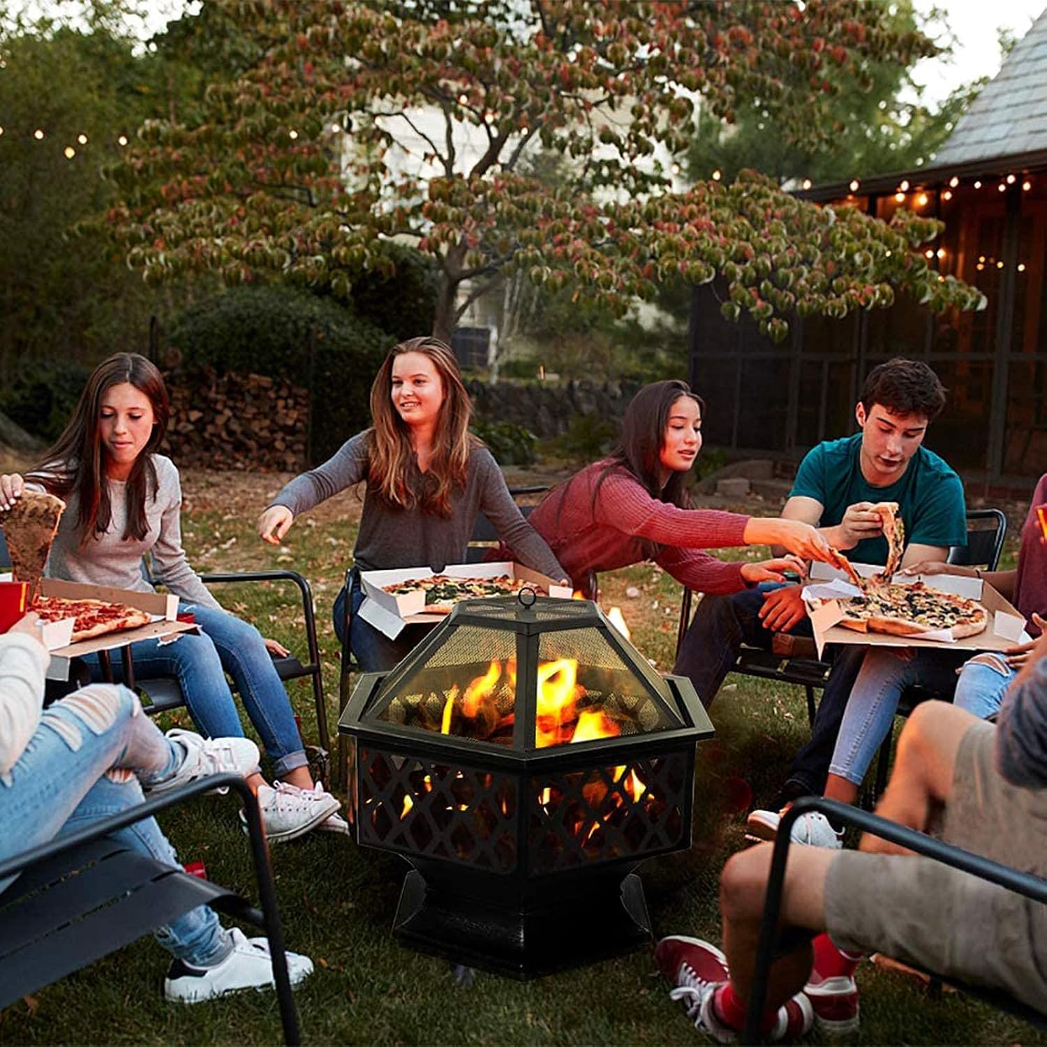 Steel Hexagonal Fire Pit, Fire Bowl for Garden and Patio, Outdoor Garden Fire Pit with Mesh Cover