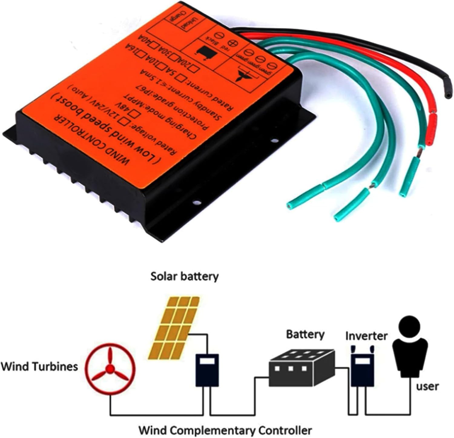 48v, Wind Turbine Controller, 10000W 12V/24V Auto Match 48V, 10A-40A Wind Turbine and Battery Regulator IP67 Waterproof Suitable for Wind Generator