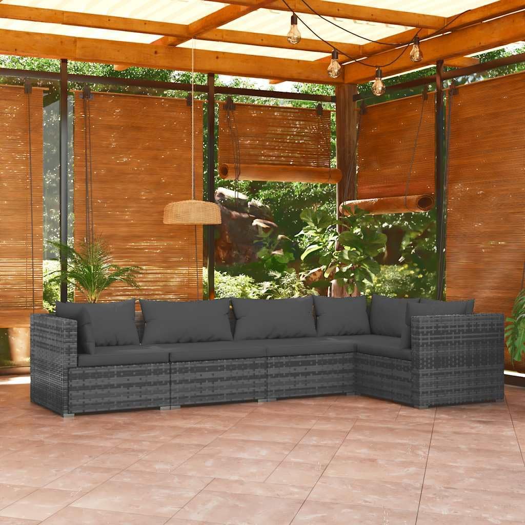 5 Piece Patio Lounge Set with Cushions Poly Rattan Gray Garden Furniture