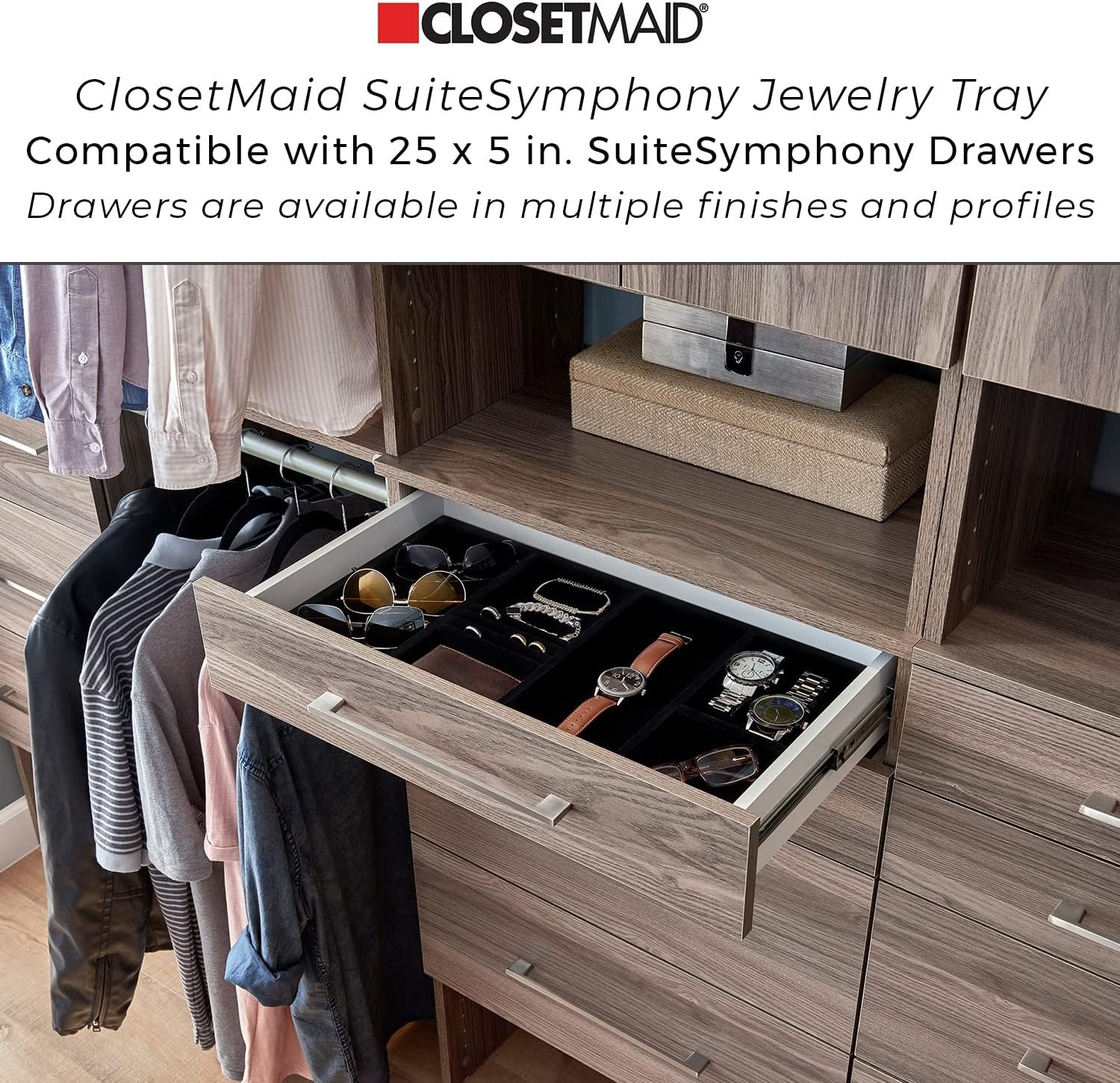 ClosetMaid SuiteSymphony Wood Closet Drawer, Add On Accessory, Modern Style, For Storage, Closet, Clothes, 25” x 10” Size for 25 in. Units, Graphite Grey/Satin Nickel