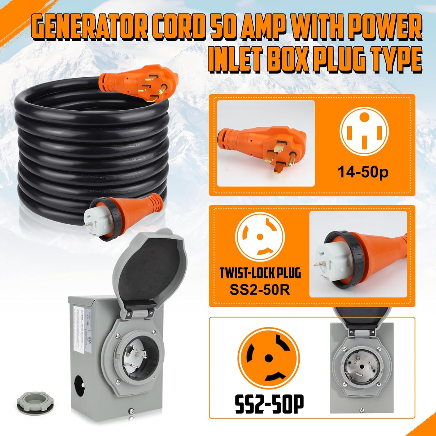 TIPHOPE 50Amp Generator Cord 25FT and Power Inlet Box,125/250V,4 Prong NEMA 14-50P to SS2-50R Generator Cable with NEMA SS2-50P Pre-Drilled Generator Inlet Box for Generator to House,Waterproof