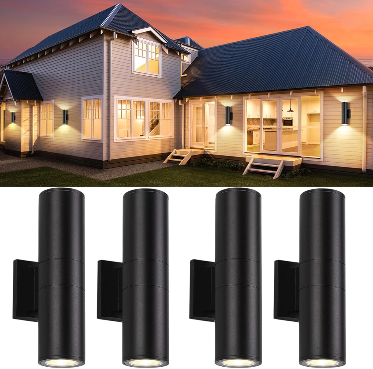 4Pack 14inch Outdoor Wall Light Fixtures, 14W Exterior Waterproof Modern Matte Black Wall Lamps with Cylindrical Aluminum Body,Porch Light for Front Door Patio Garden
