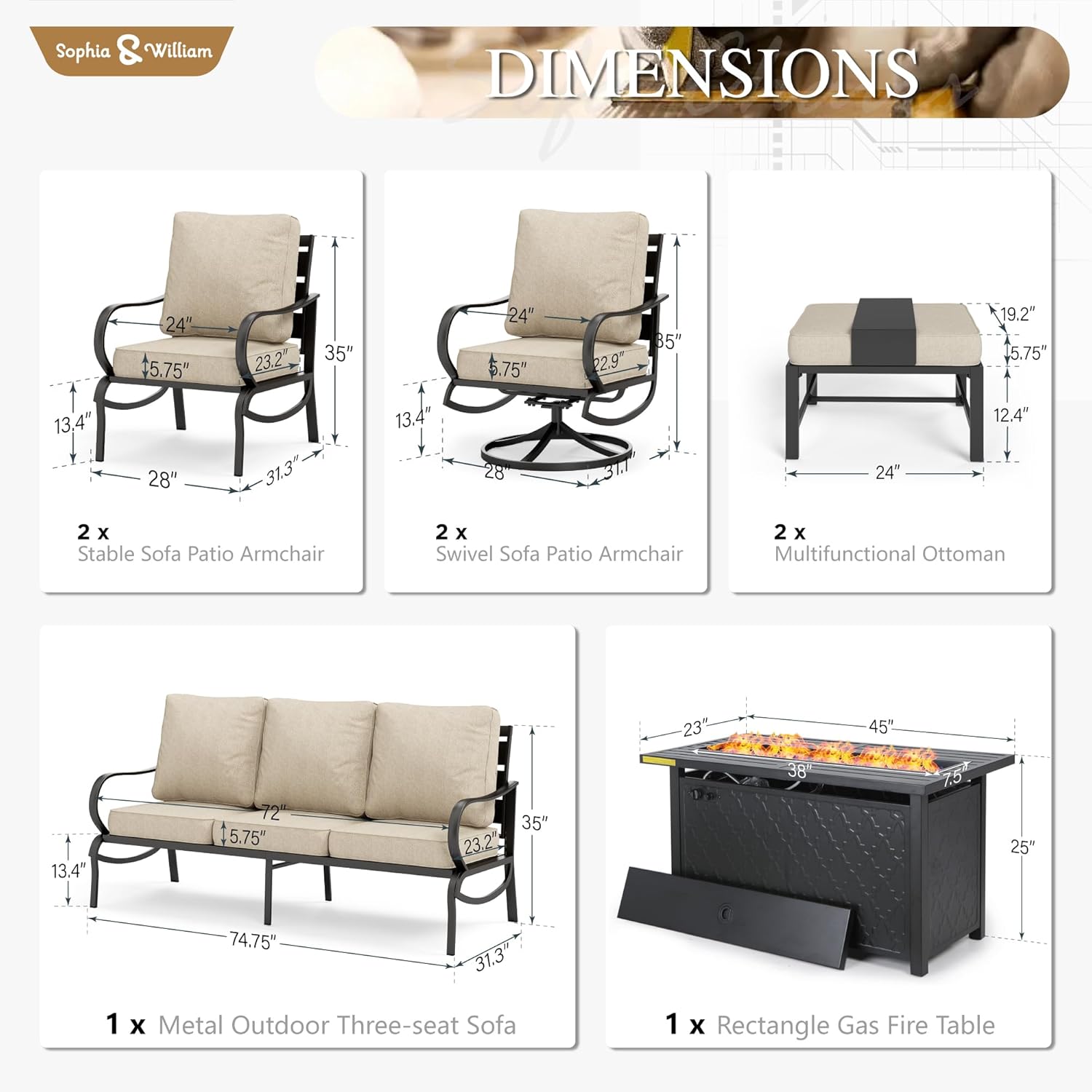 Sophia & William Patio Furniture Sets for 7 with Fire Pit Table 45