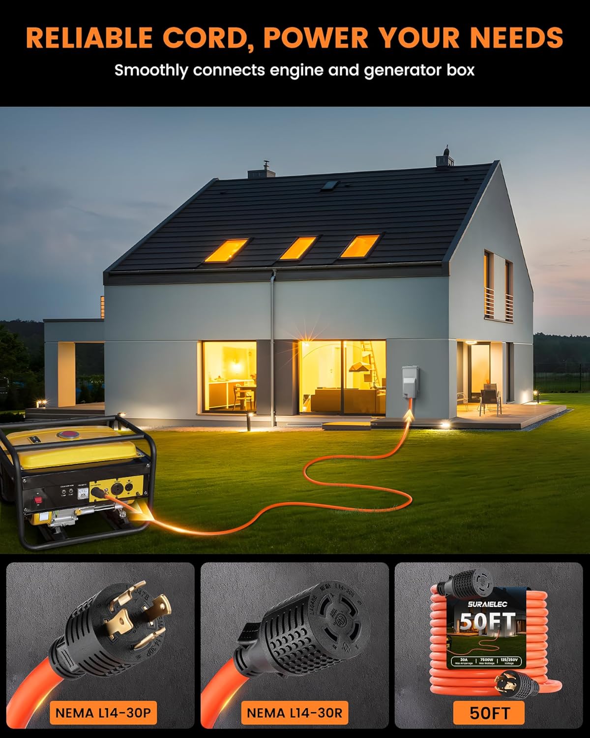 SURAIELEC 30 Amp 50FT Generator Cord and Power Inlet Box, Generator Box with 4-Prong Generator Cord, NEMA L14-30P to L14-30R Generator Cord Waterproof Combo Kit for Snowstorm, ETL Listed Outlet
