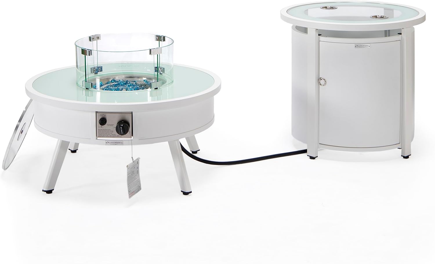 LeisureMod Walbrooke Modern Round Fire Pit Table and Tank Holder with Powder Coated Aluminum for Patio and Backyard Garden, White