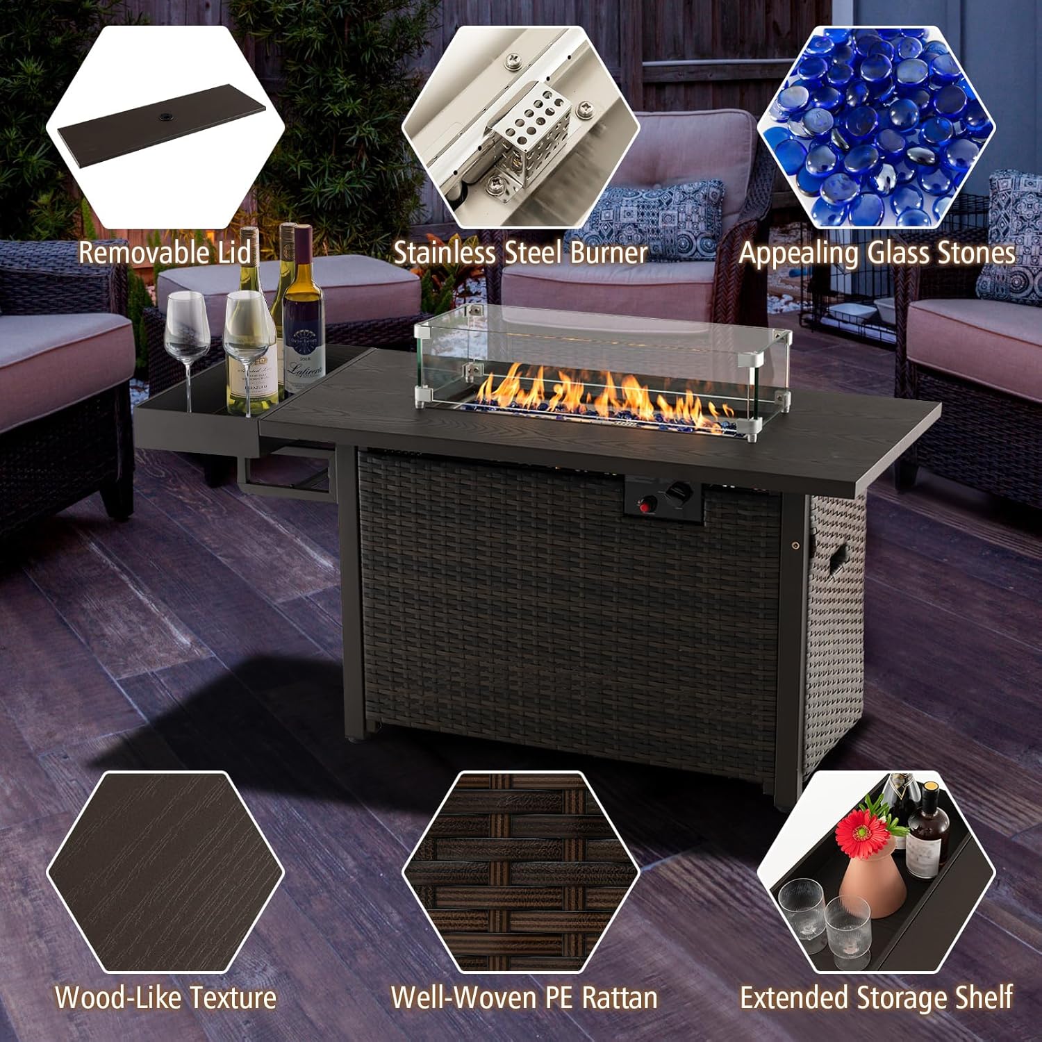 Tangkula Patio Propane Fire Pit Table, 52 Inch Wicker Gas Fire Pit with Wind Guard & Extended Shelf, 50,000 BTU Heat Output, Rectangular Fire Table with Blue Fire Stone & Waterproof Cover (Brown)