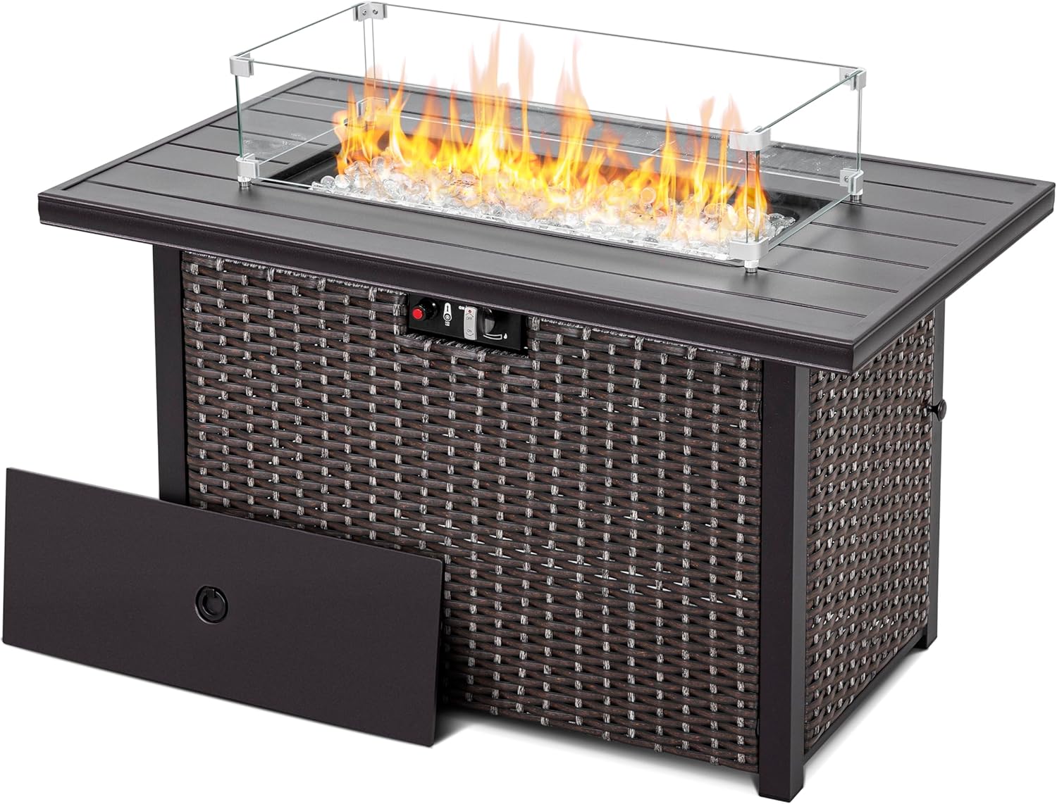 Nuu Garden Outdoor 43 Inch 50,000 BTU Propane Fire Pit Table, CSA Certified Patio Propane Fire Pit with Wind Guard, Lid, Oxford Cover, 7 lbs Glass Stone, Dark Brown