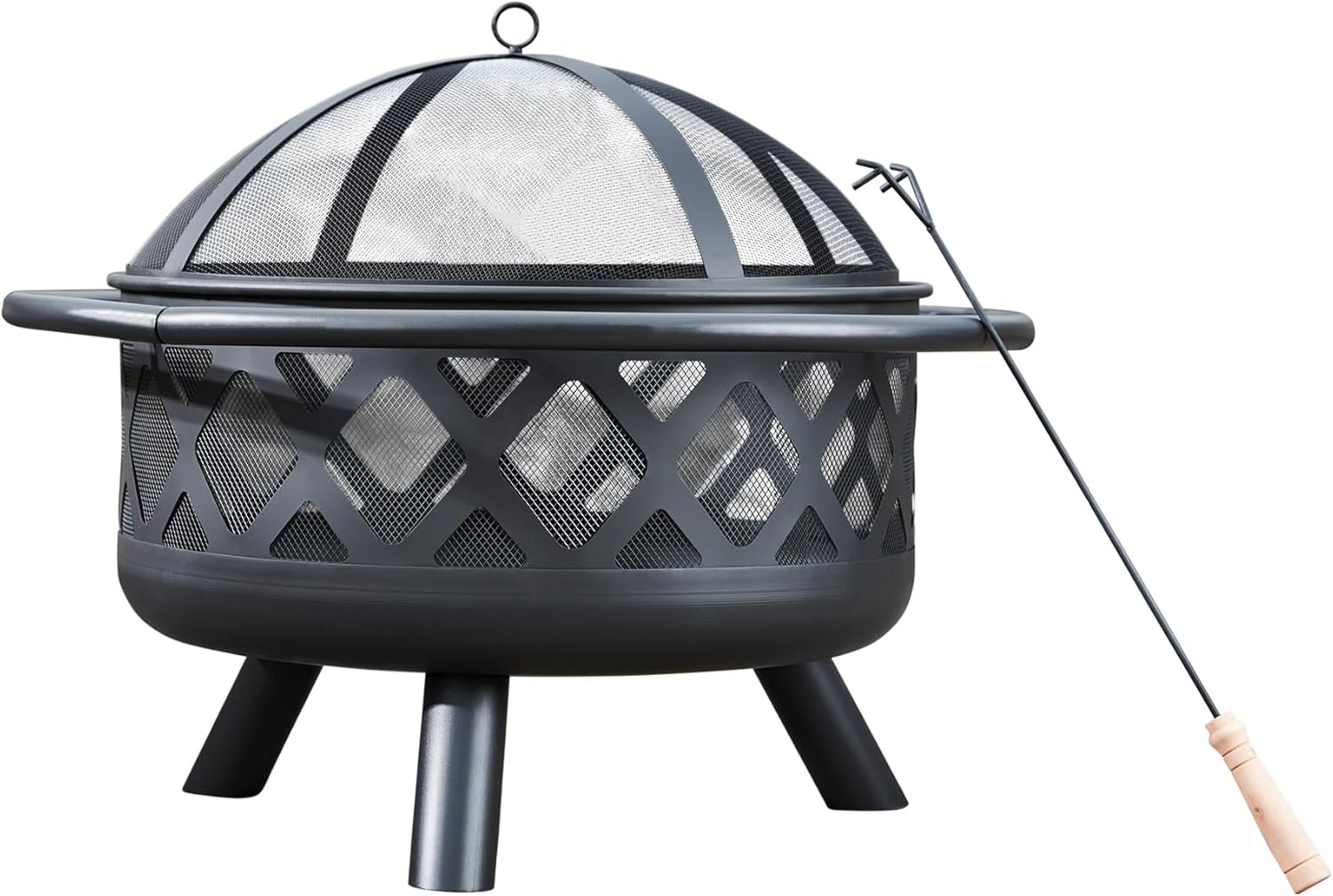 Teamson Home Round Steel Outdoor Fire Pit Outside Wood Burning Firepit Bonfire with Firebowl, Poker, Mesh Screen for Patio Garden Backyard BBQ, 30 Inch, Black