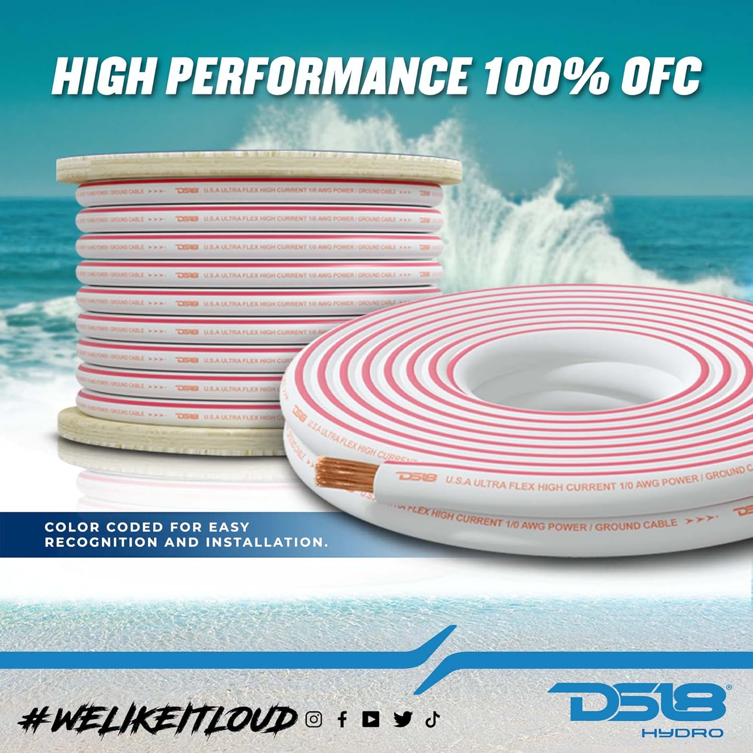 DS18 Hydro MOFC0GA25P Marine Wire 0 Gauge 25 ft Tinned 100% OFC Oxygen-Free Copper Marine Grade White/Red Amplifier Amp Power/Ground Cable 25 Feet UltraFlex