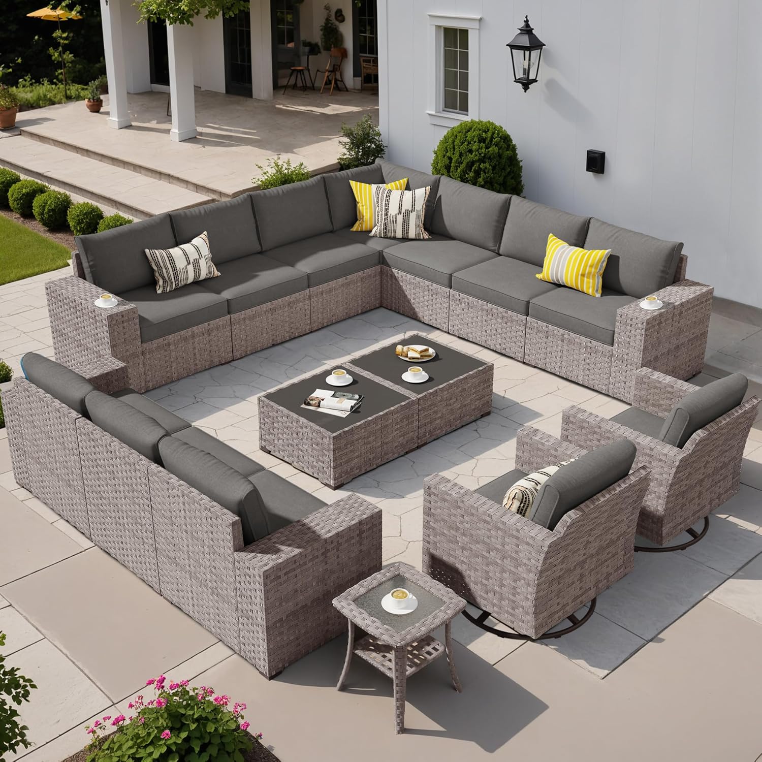 15 Pieces Widen Armrest Patio Coversation Set with Swivel Rocking Chair, Outdoor Furniture Modular Couch with Coffee Table, Rattan Wicker Sectional Sofa for Porch Balcony Backyard, Dark Grey