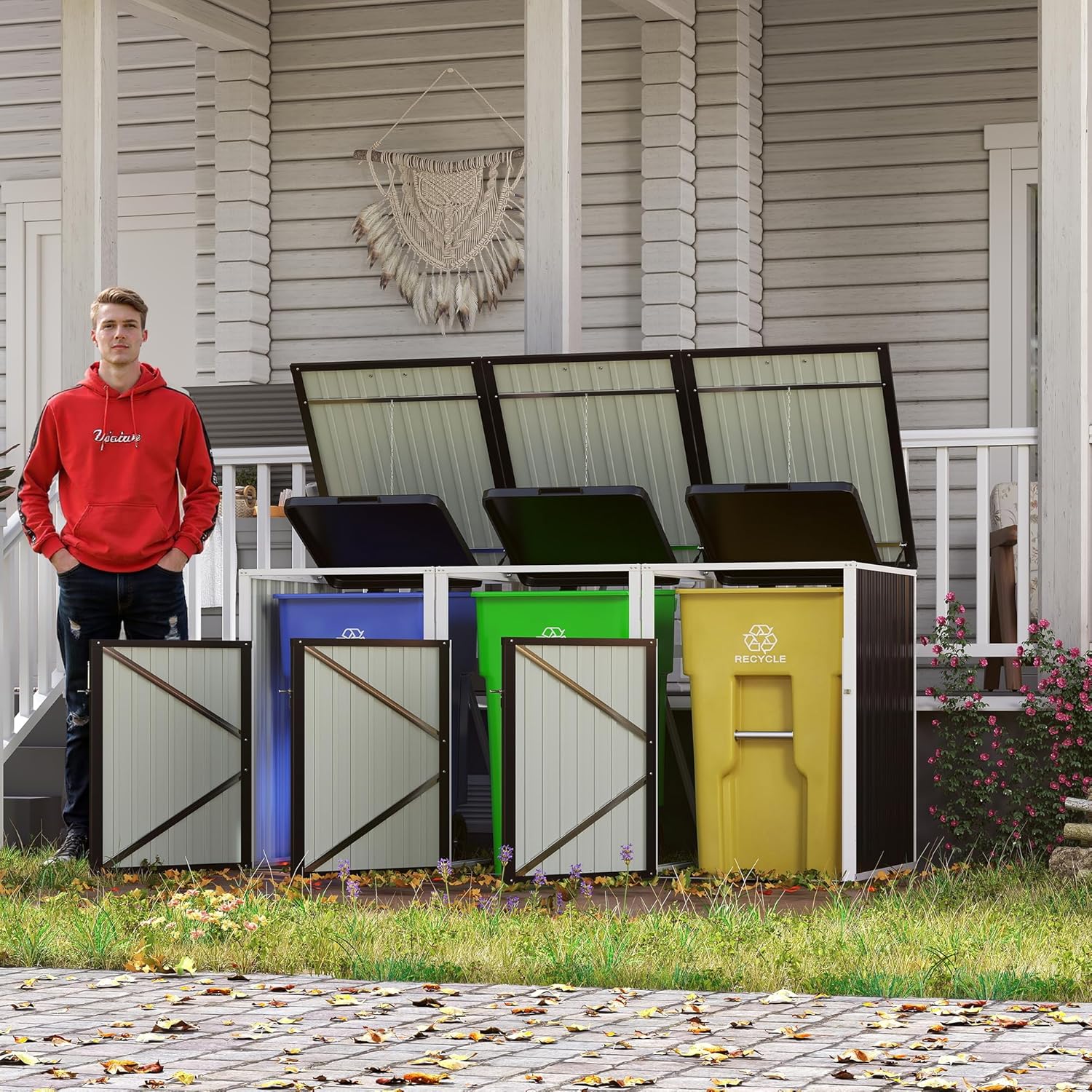 Lockable Trash Can Storage Shed for 3 Bins, Outdoor Metal Garbage Bin Enclosure with Waterproof Lid & Pneumatic Rod, Galvanized Steel Utility Shed for Patio, Garden, Backyard (Dark Gray, 3 Doors)