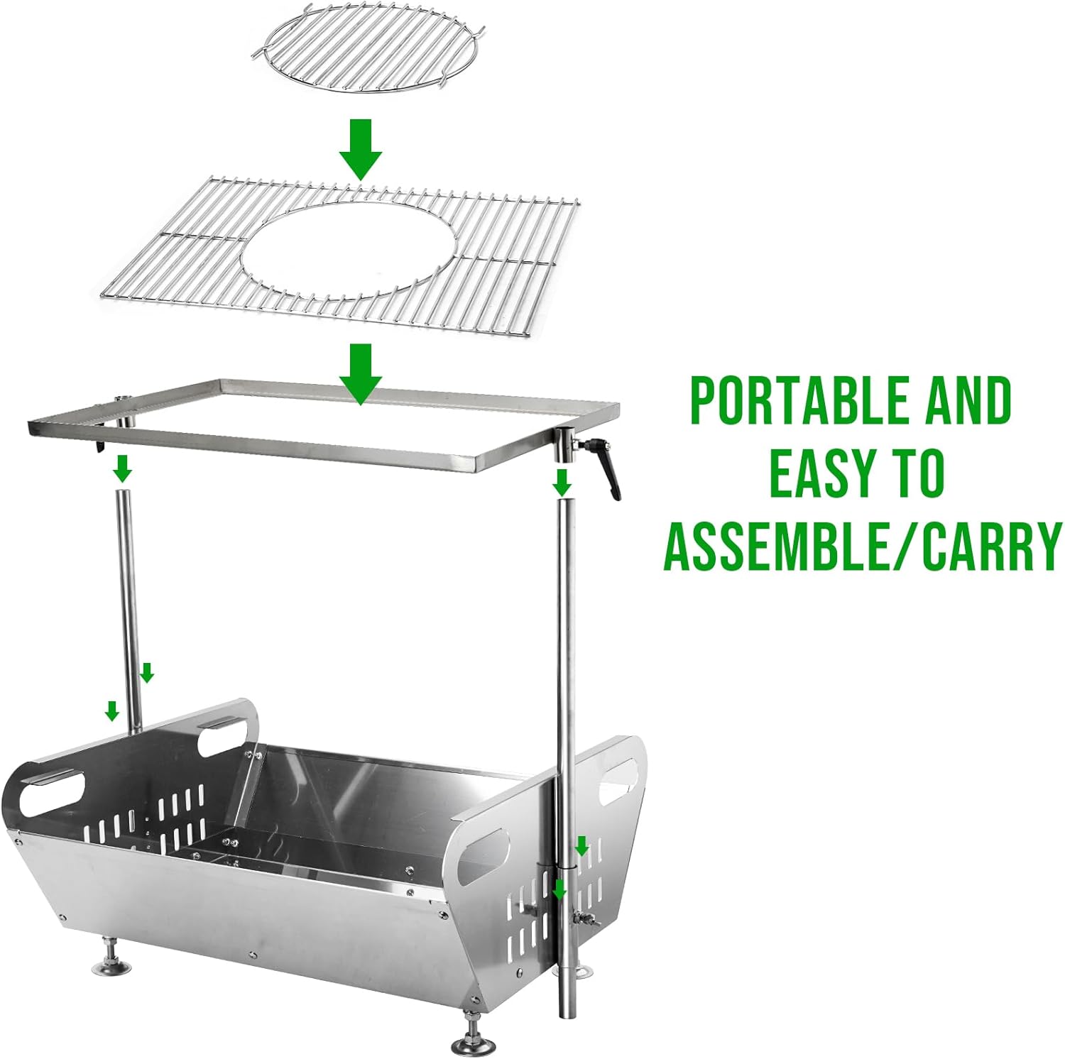 Skyflame Outdoor Fire Pit Grill Combo - Stainless Steel Wood Burning Fire Pit with Height Adjustable Cooking Grate Camping Grill Kit for Backyard Patio Hiking Backpacking Picnic Travel Tailgating