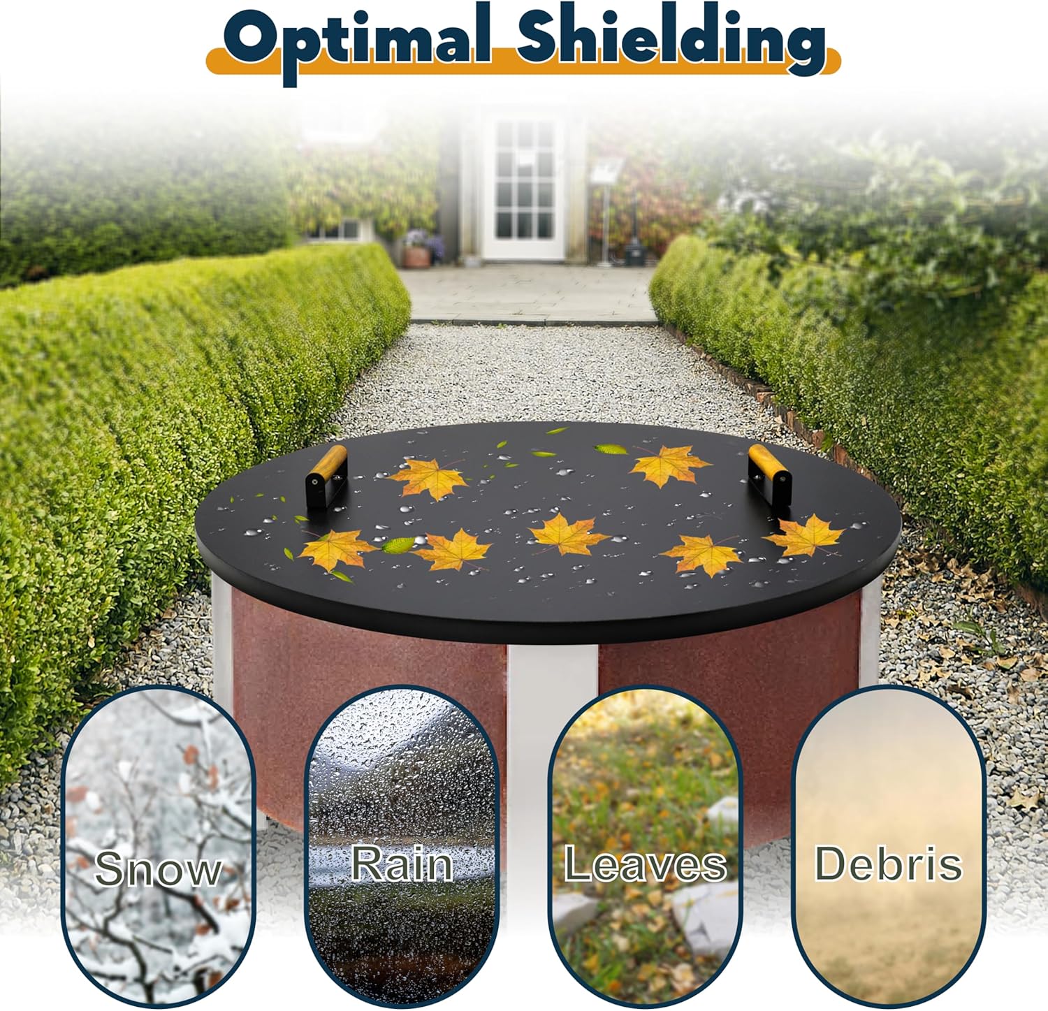 35” Fire Pit Cover Lid Round - Fit for 34.5 Round FirePit Lid for Outdoor Fireplace Cover Lid Steel fire pit metal cover W/ 2 Wooden Handles & Powder Coating Snuffer Lid for Patio Fire Pit Ring