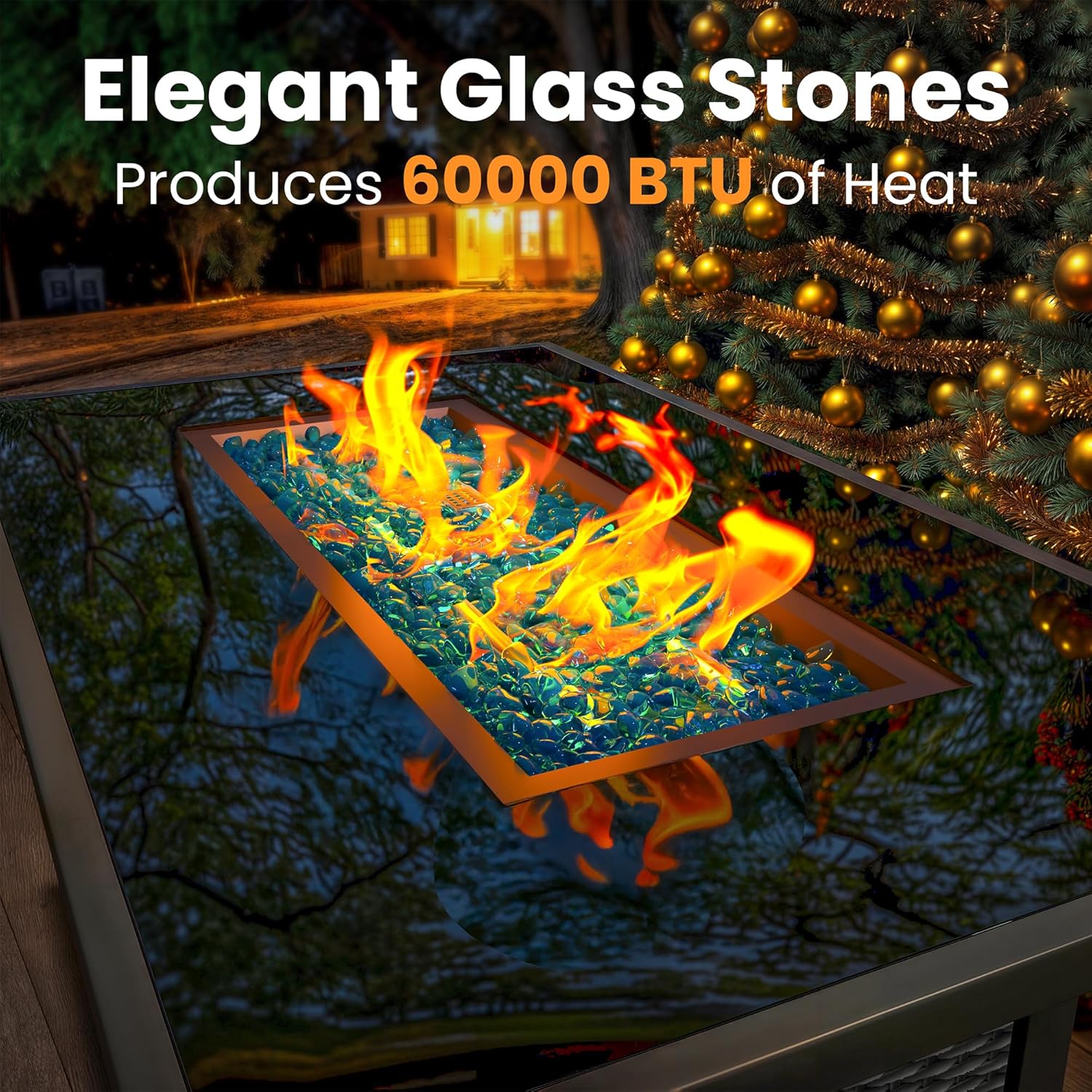 43-Inch Propane Fire Pit Table, Rattan Rectangular Outdoor Gas Fire Pit W/Glass Wind Guard, Tempered Glass Tabletop & Lid, CSA Listed, 60,000 BTU, 304 Stainless Steel H-Burner, for Outside Patio,Black