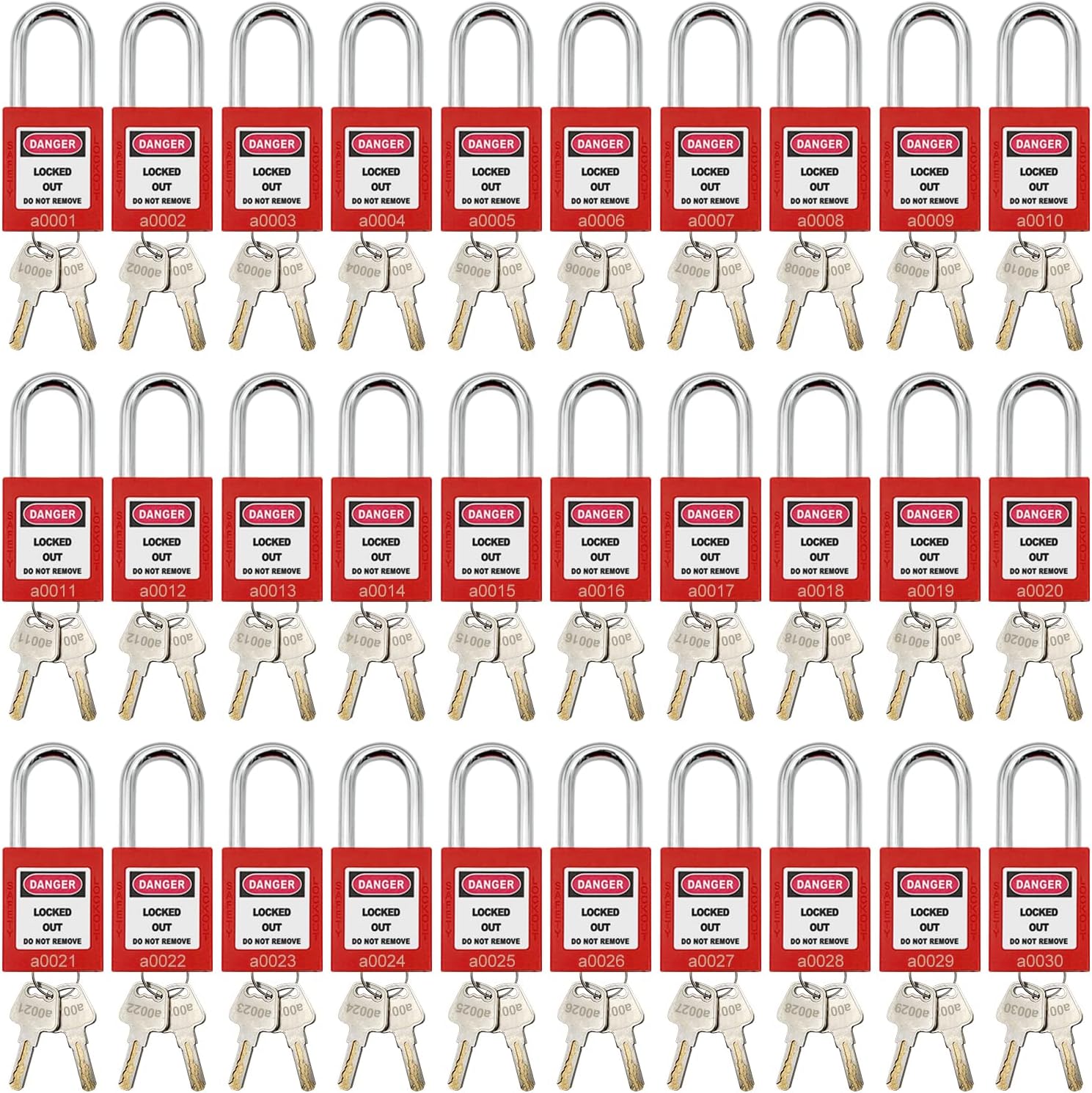 SAFBY Lockout Tagout Lock 30 pcs Set Loto Product Safe Padlocks for Lock Out Tag Out Stations and Devices (30 Lock Red, Key Alike)