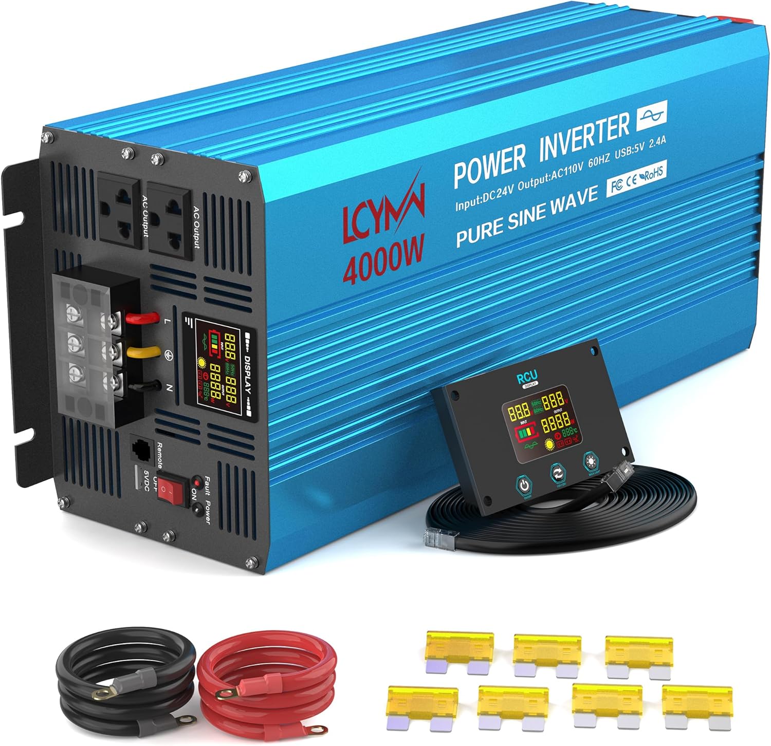 4000 Watt Pure Sine Wave Power Inverter DC 12V to 110/120V AC with 2 AC Charger Outlets and Wiring Terminal 8000W Peak Car Solar Converter for Vehicle Home with LCD Display and QC3.0 USB Charging Port
