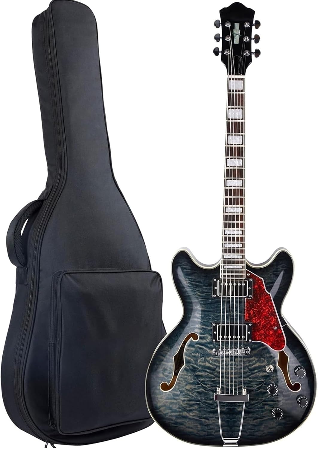 Beginner Electric Guitar Kits Jazz Electric Guitar Semi Hollow Body Trapeze Tailpiece Bridge With Gig Bag(Black 1)