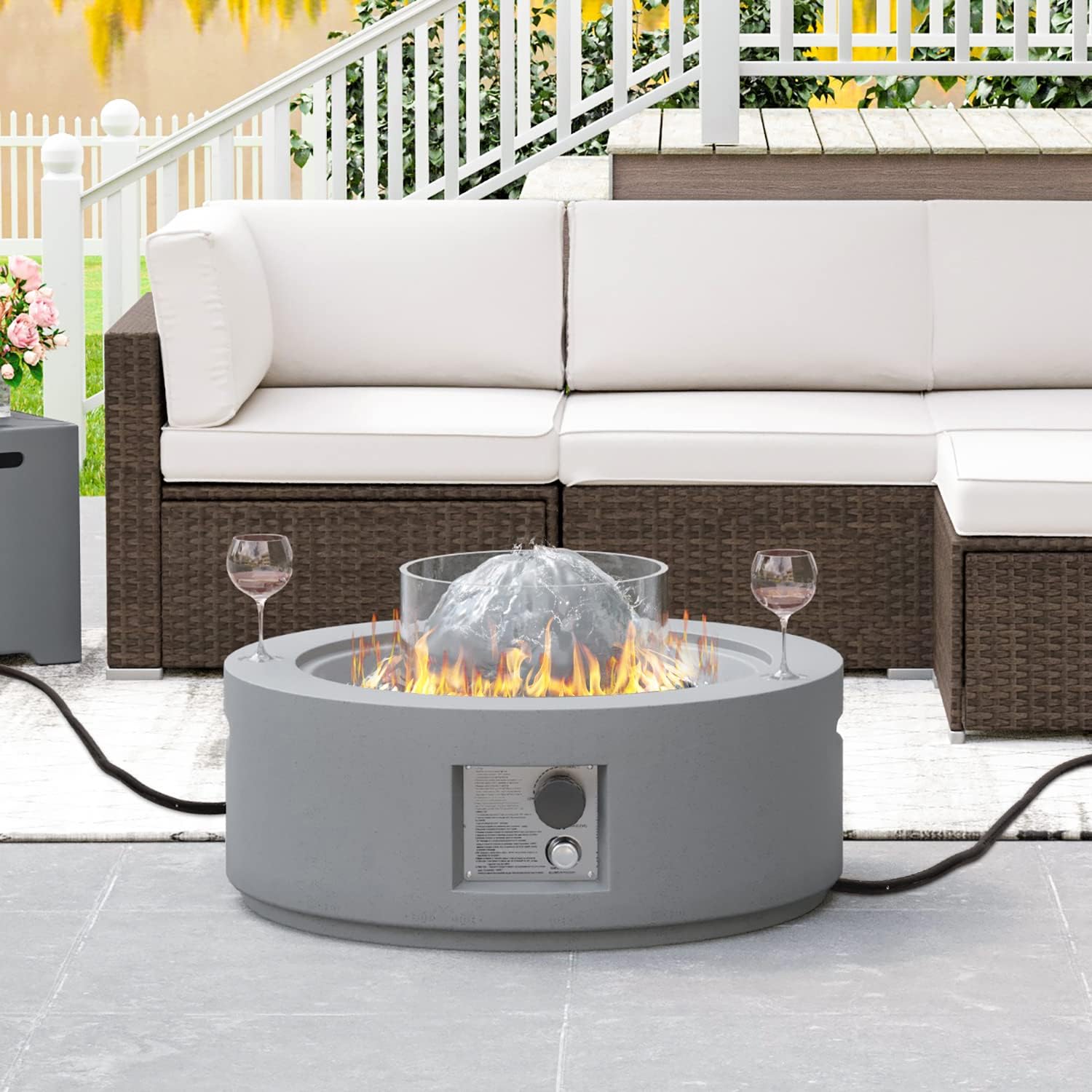 HOMPUS Outdoor Fountain Propane Fire Pit 50,000 BTU 29.3-inch Round Concrete Gas Fire Table Smokeless Firepit with Wind Gurad,Glass Stone and Rain Cover for Garden,Deck,Backyard Gray