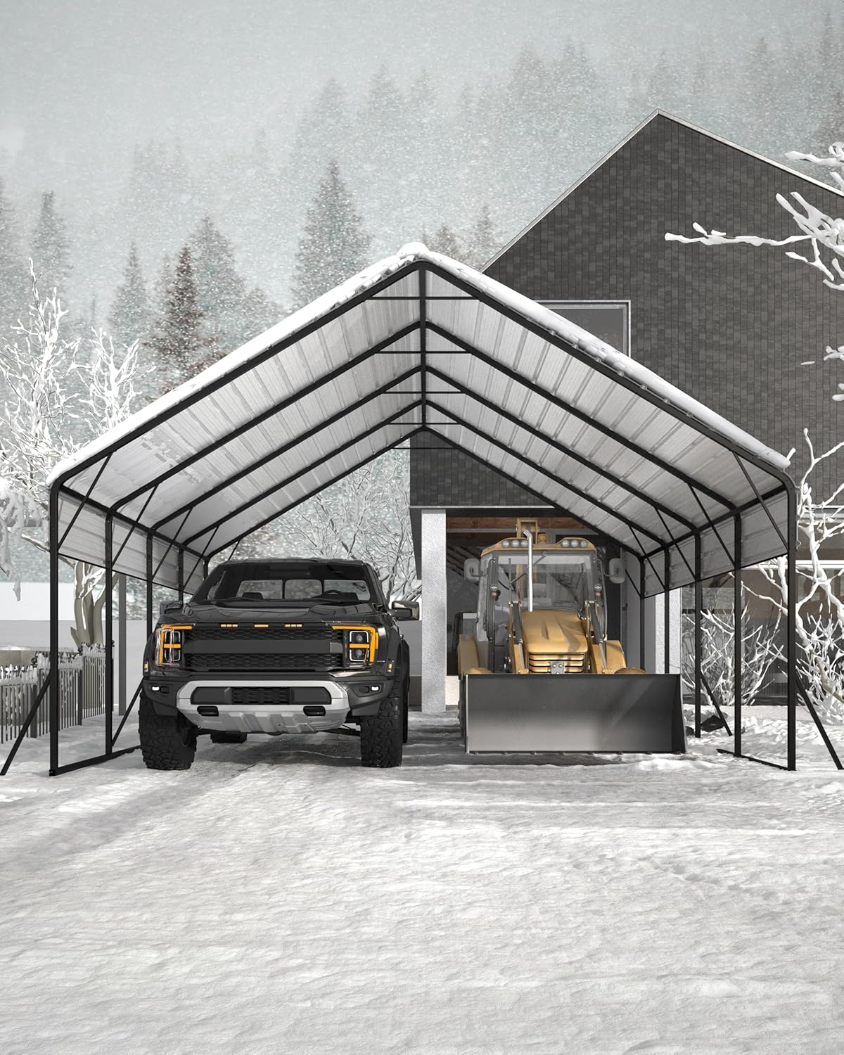 20'x20' Heavy-Duty Metal Carport for 2 Cars - Extra Tall Shelter with Reinforced Frame for Snow Protection, Ideal for Bass Boats, Full-Sized Pickup Trucks, and Tractors