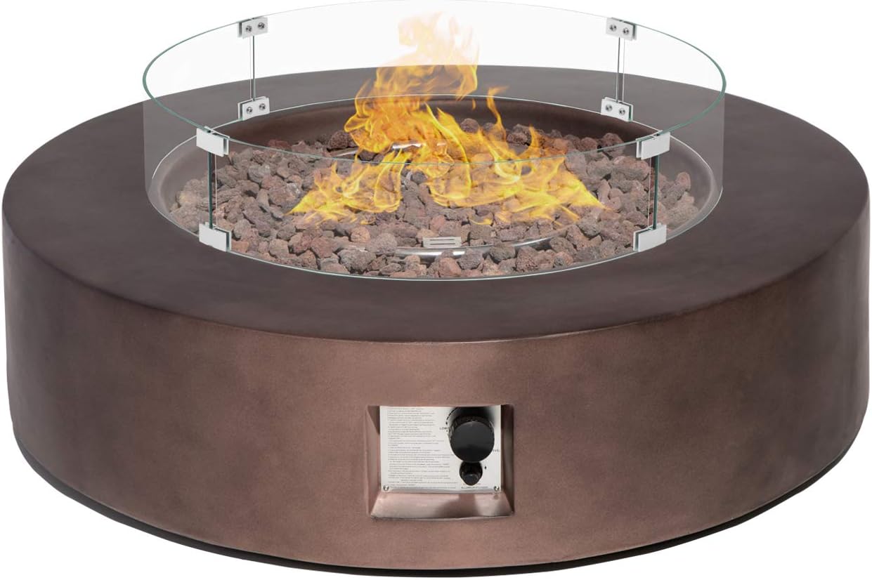 SUNBURY Outdoor Propane Burning Fire Pit, Circular Dark Brown Patio Fire Table 50,000 BTU w Lava Rocks, Glass Wind Guard, Waterproof Cover
